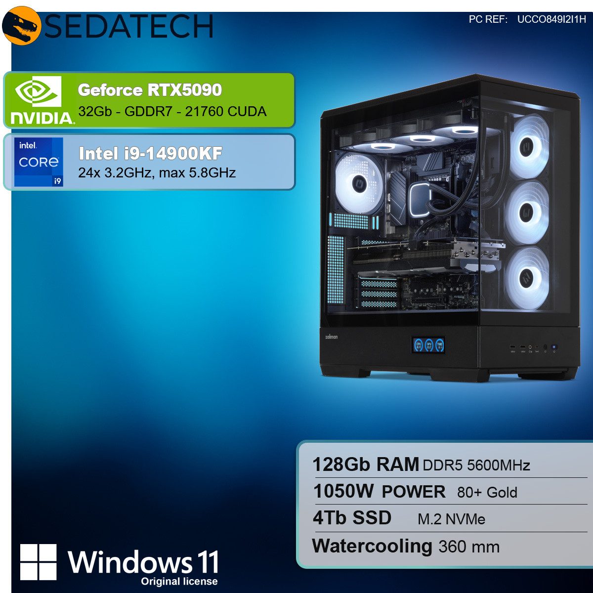 Sedatech UCCO849I2I1HF - Watercooling Gaming-PC (Intel Core i9 14900KF 24x 3.2GHz (max 5.8GHz), Geforce RTX5090 32GB, 128 GB RAM, 4000 GB SSD, Watercooling, Wlan 6E)