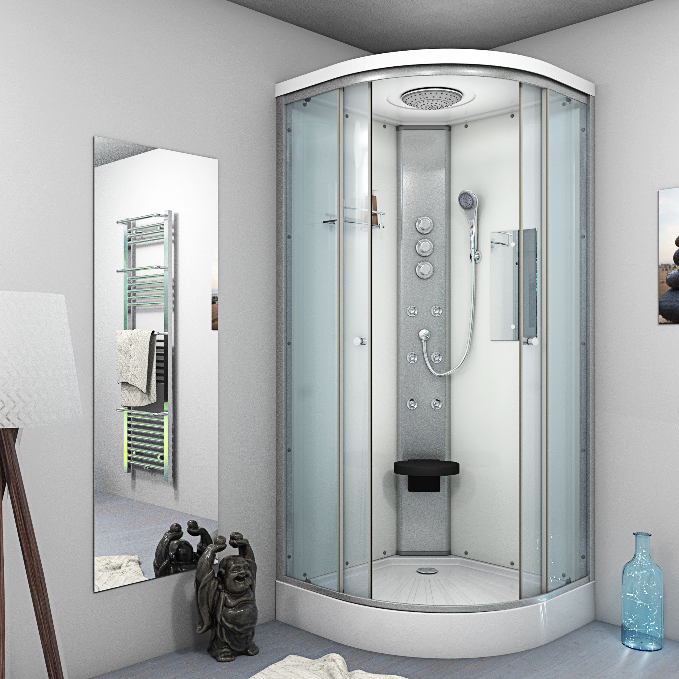 AcquaVapore Komplettdusche Dusche Fertigdusche D10-10T1-ALL Weiß 90x90, Sicherheitsglas ESG, inklusive Duschwanne, Höhenverstellbar, Mit Bauanleitung, Mit Spiegel, Gehärtetes Glas, Inte