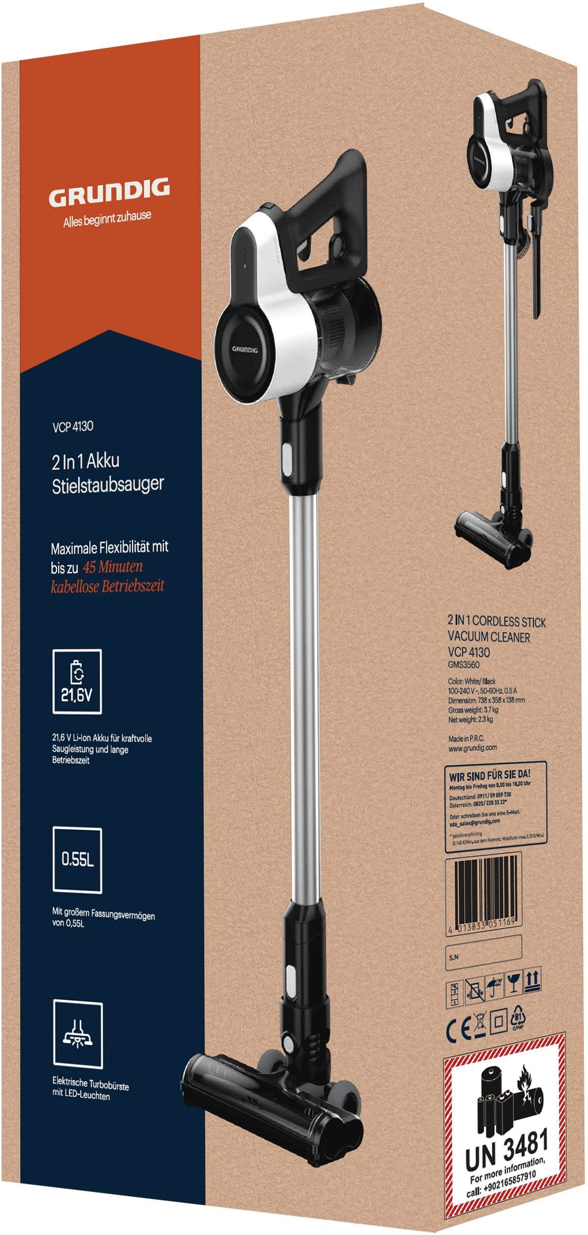 Grundig Akku-Hand-und Stielstaubsauger VCP 4130, 45min Akkulaufzeit, 2 Saugkraftstufen, 110 W, beutellos, LED Turbobürste, inkl. Wandhalterung