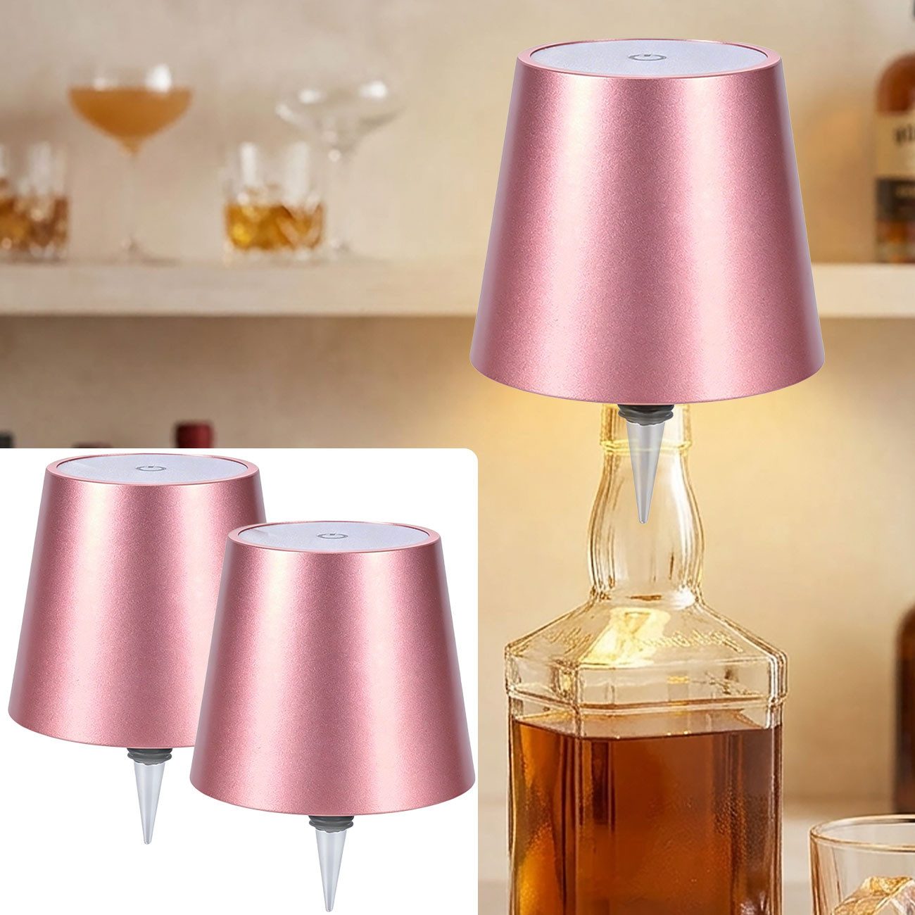 shop'n smile ideoon LED Tischleuchte Akku Flaschenlampe Rosegold Dimmbar LED Tischleuchte Touch USB-C, LEDs, Kaltweiß, Warmweiß, Neutralweiß / Naturweiß, Akku-Flaschenlicht 3 Lichtfarben, dimmbar, Touch, Metallschirm, USB-C