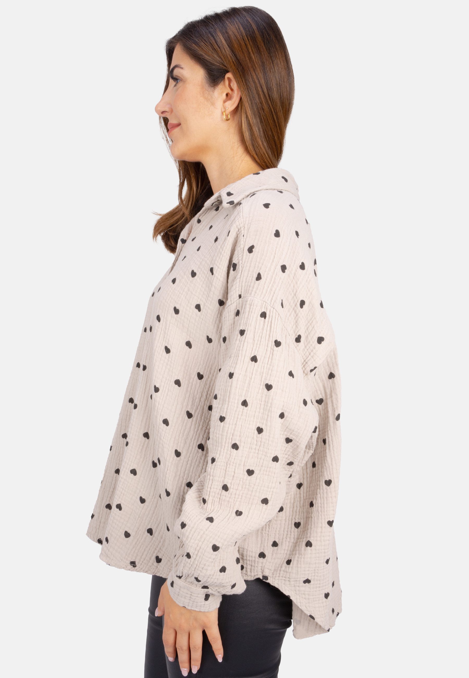 Seasons of April Hemdbluse LIYA MUSSELIN HERZ OVERSIZED Damen Musselin Bluse mit Herz Print, 100% Baumwolle, S/M & L/XL