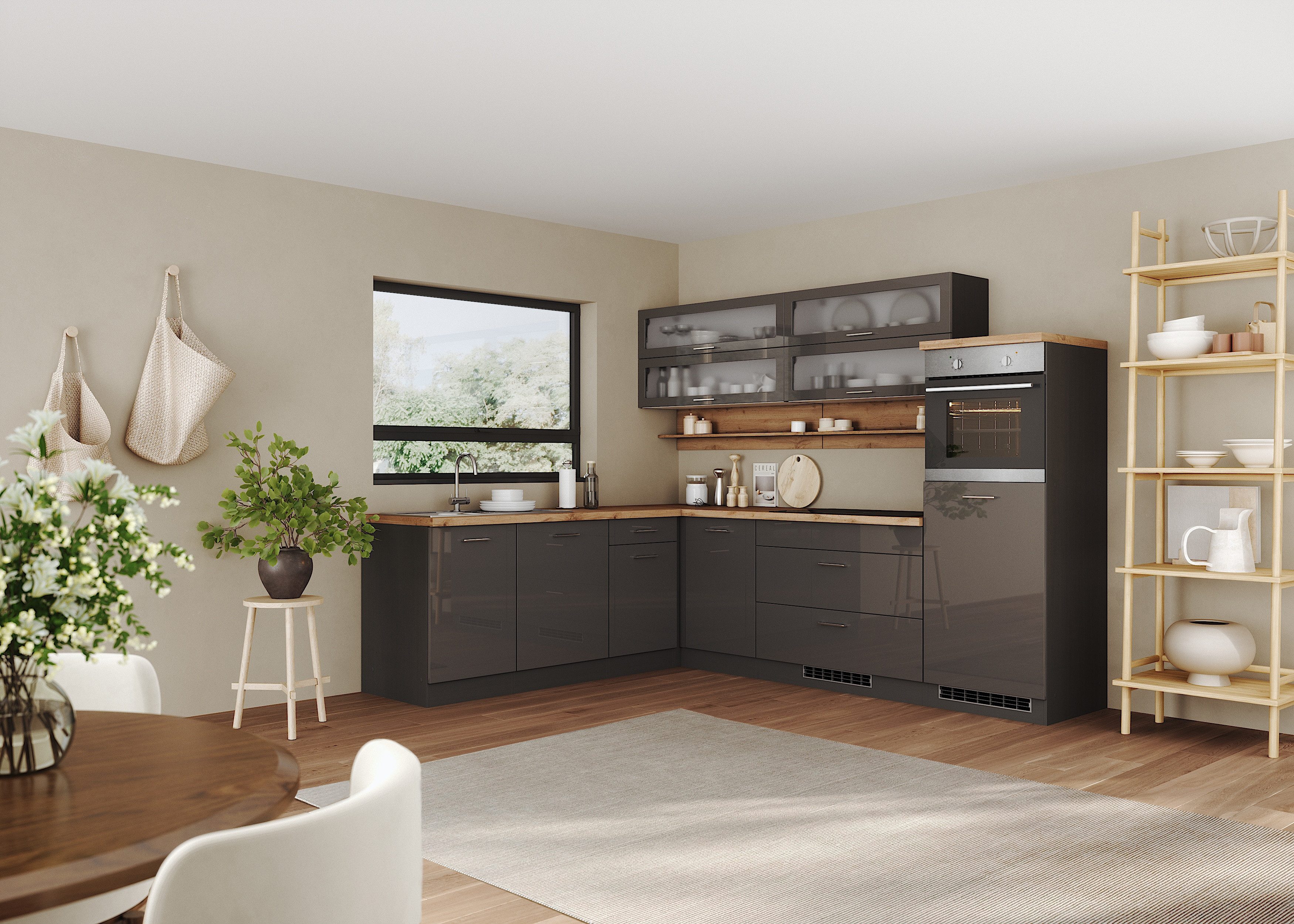 KOCHSTATION Winkelküche KS-Milan, optional mit Muldenlüfter, Stellbr.270/220 cm, wahlweise mit E-Geräten, Kochfeld mit Dunstabzug