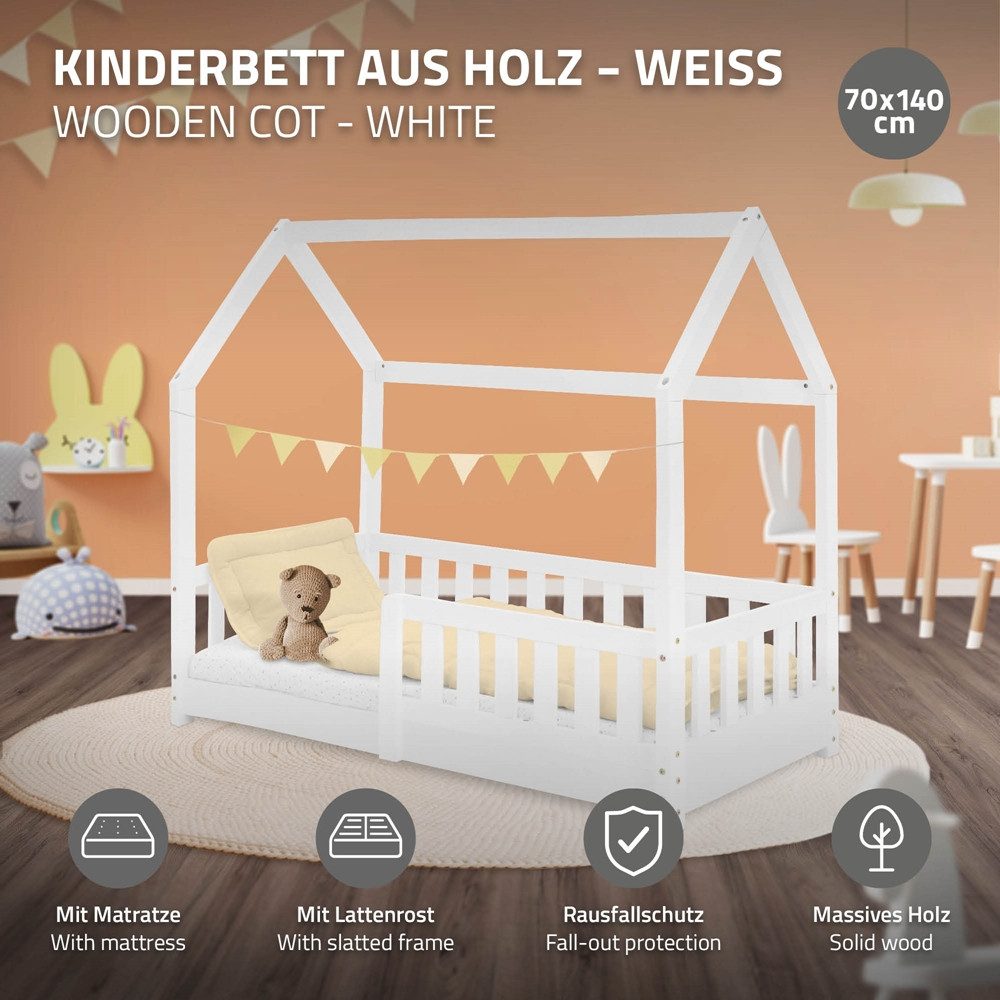 ML-DESIGN Spielbett Hausbett Kinderbett inkl. Lattenrost kreativ Bodenbett für Kinder, Abenteuerbett zum Spielen mit Rausfallschutz Kiefer Weiß Himmelbett – Bild 2 von 5
