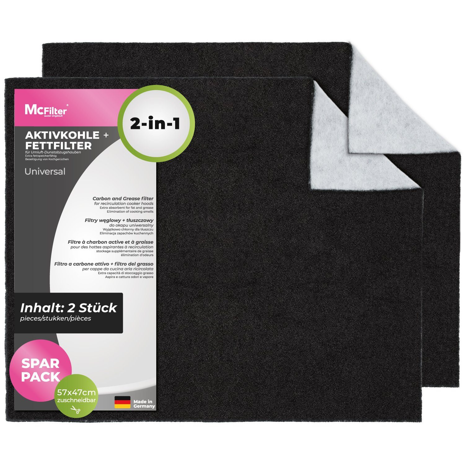 McFilter Fettfilter 2x Universal Aktiv Kohlefilter 57 x 47cm, Zubehör für alle handelsüblichen Dunstabzugshauben, 2-lagig, Doppelfilter, zuschneidbar