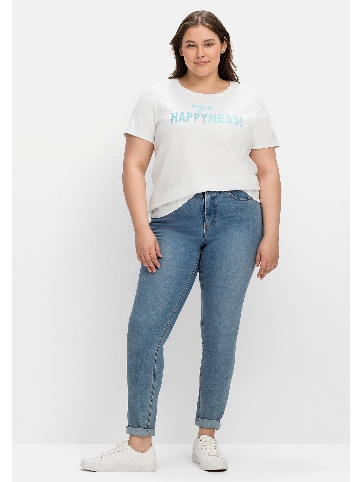 Große weiß tailliert mit Sheego bedruckt T-Shirt Wordingprint, leicht Größen
