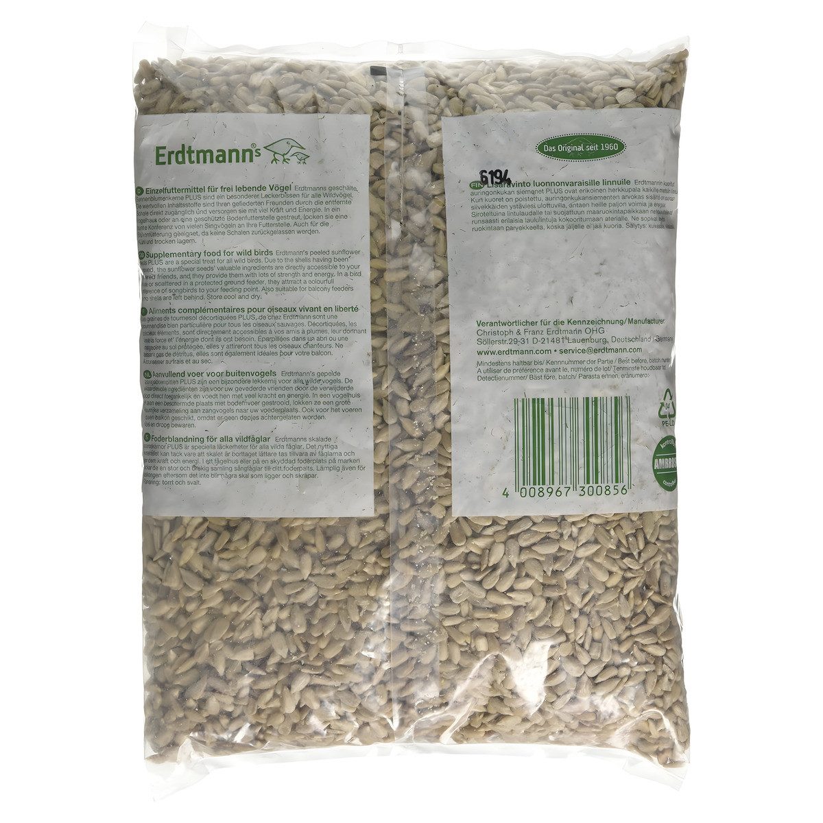 Erdtmann geschälte Sonnenblumenkerne PLUS 800 g im Flachbeutel, Nassfutter für: Vogel