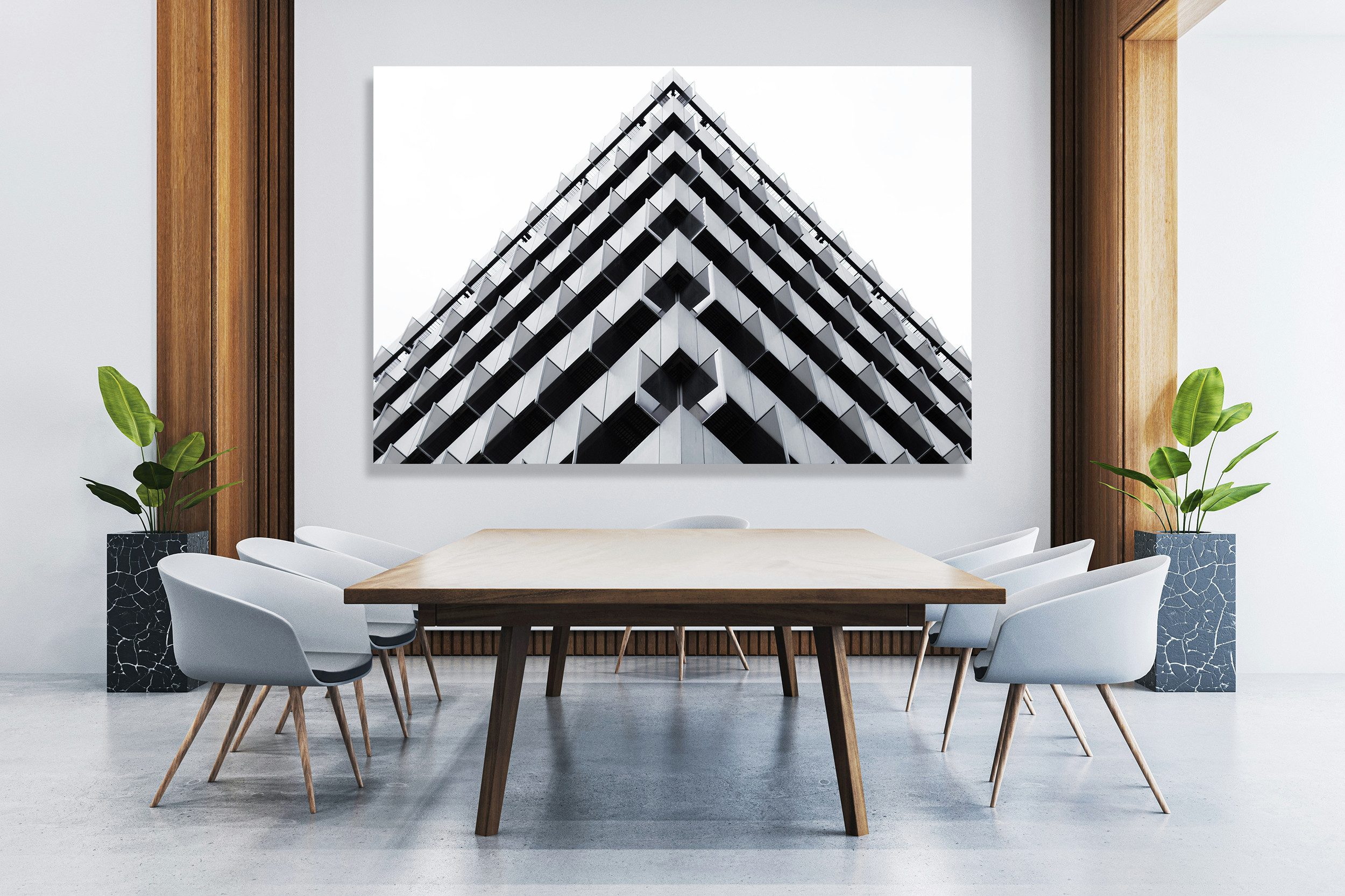 queence XXL-Wandbild Akustikbild Geometrisch Gebäude, Architektonische Elemente, Formen, Gebäude, Schwarz-Weiß (1 St), Einfache Akustiklösung ohne Baumaßnahme, Schalldämmung, Paneele