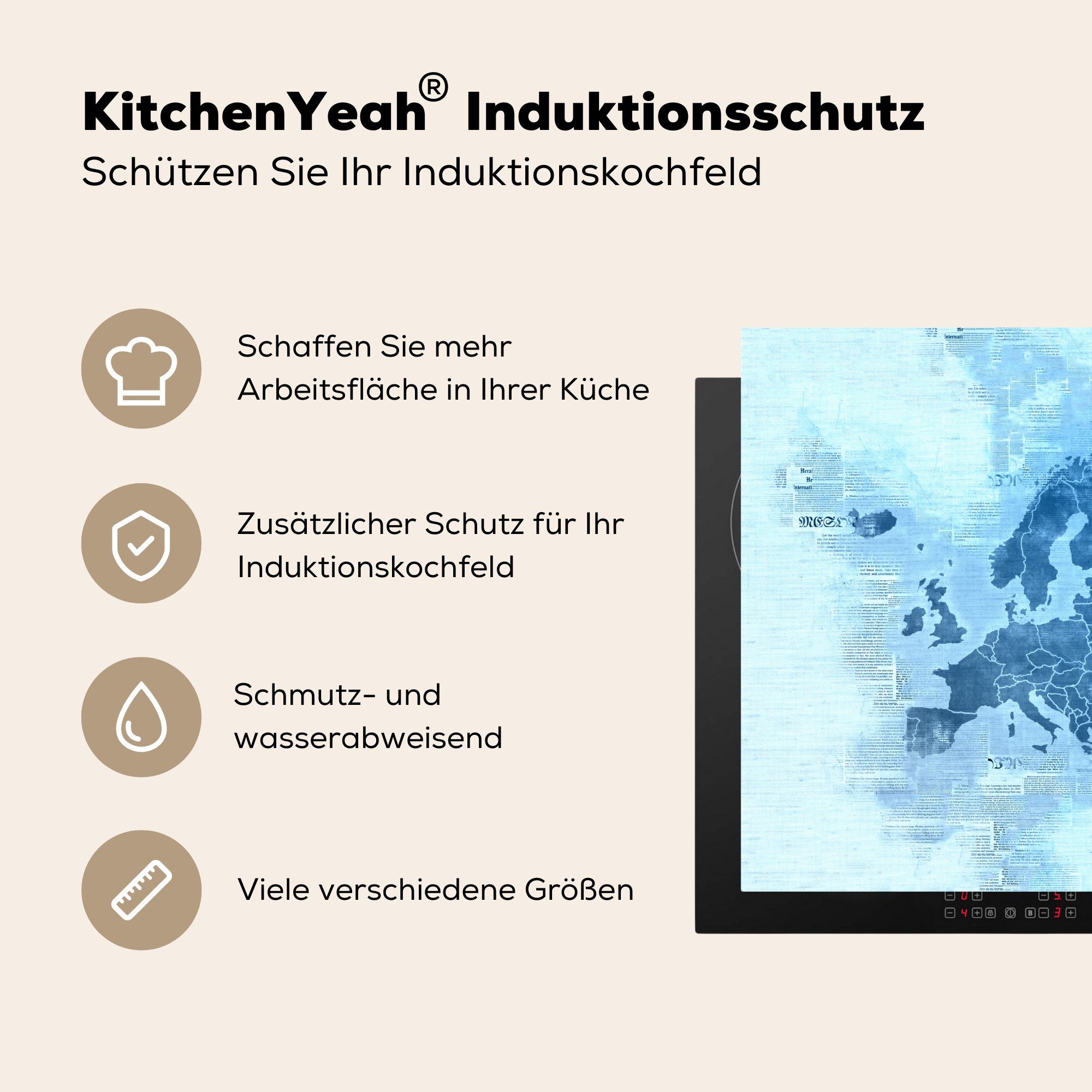Vinyl, 78x78 (1 Karte Ceranfeldabdeckung, - tlg), Arbeitsplatte Europa Herdblende-/Abdeckplatte Aquarell cm, MuchoWow - - für Blau, küche