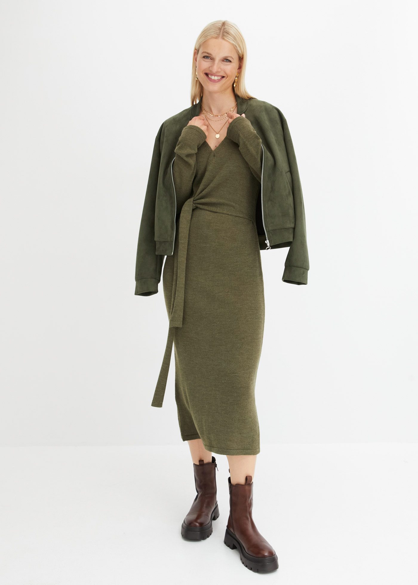 bonprix Strickkleid Midi-Strickkleid in Wickeloptik mit V-Ausschnitt günstig online kaufen