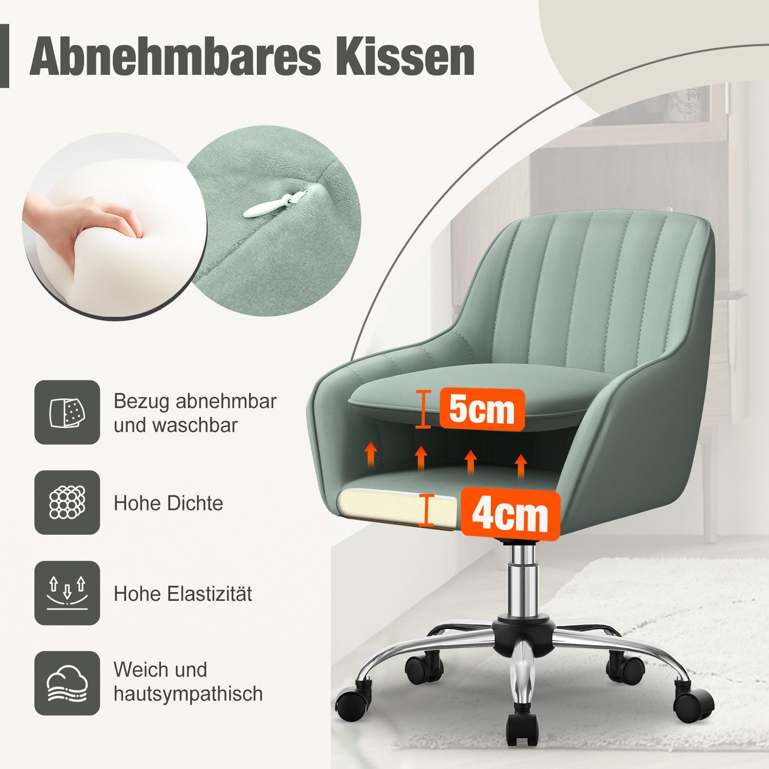 Adormii Bürostuhl Homeoffice Stuhl,Schminkstuhl mit Armlehnen,Drehstuhl mit Rrollen (Samt Stuhl,höhenverstellbar,für Schminktisch,Arbeitszimmer, Schlafzimmer,15 – Bild 3 von 5