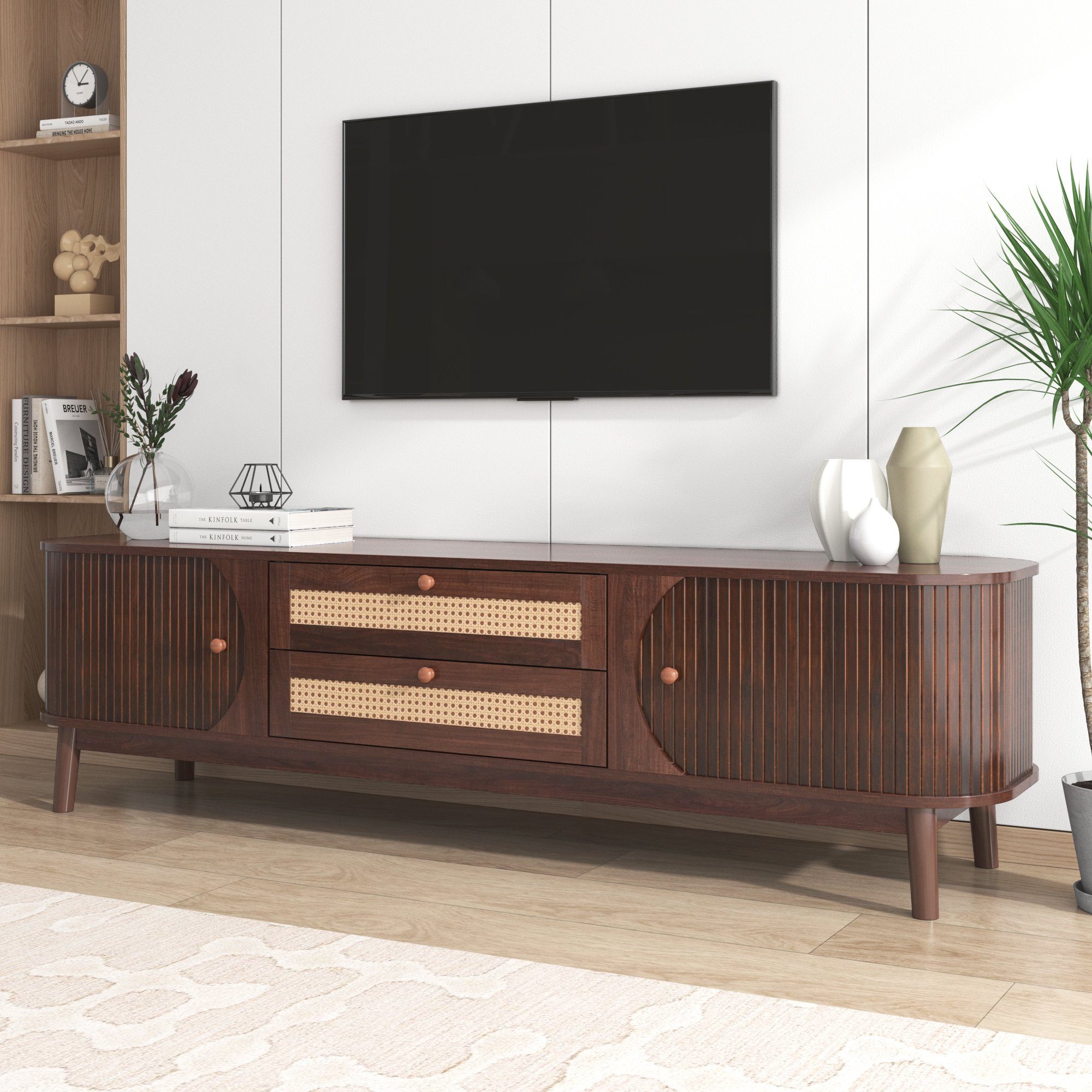 HAUSS SPOLE Lowboard TV-Schrank Fernsehtisch TV Board TV- Lowboard (TV-Schrank mit Türen und Schubladen., TV-Ständer mit Rattanseiten)