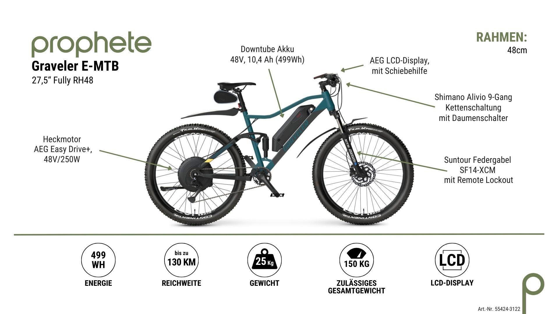 Prophete E-Bike Mountainbike Graveler, 9 Gang Shimano Alivio Schaltwerk, Kettenschaltung, Heckmotor, 499 Wh, Pedelec, Elektrofahrrad für Damen u. Herren, MTB