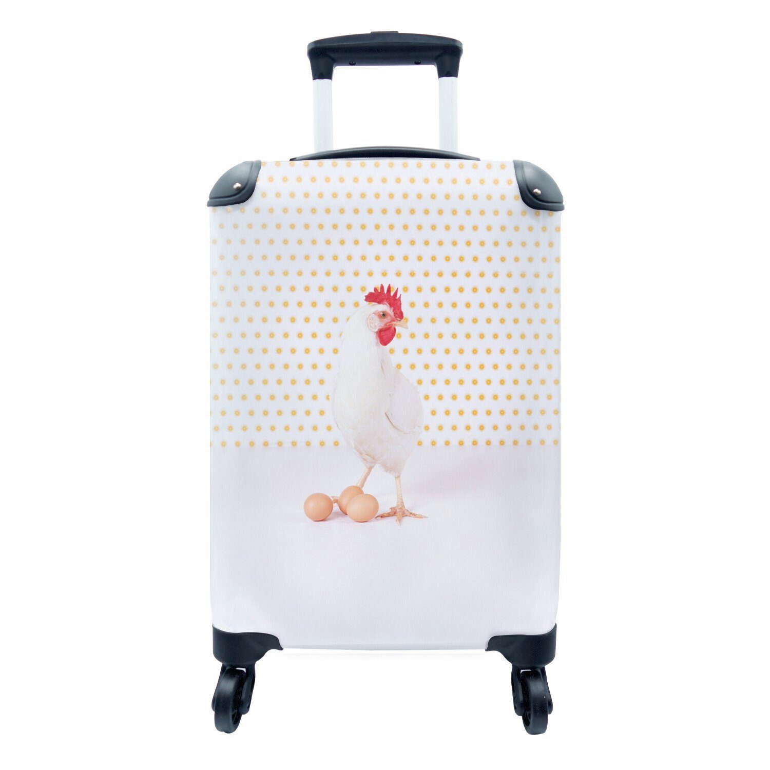 MuchoWow Handgepäckkoffer Huhn mit drei Eiern vor gepunktetem Hintergrund, 4 Rollen, Reisetasche mit rollen, Handgepäck für Ferien, Trolley, Reisekoffer