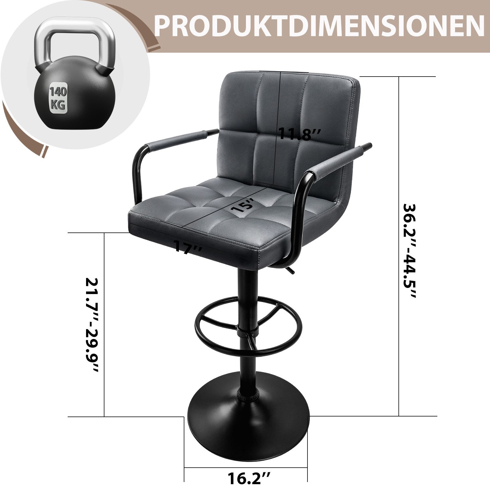 Huracan Barhocker Höhenverstellbarer Drehstuhl (360) Tragfähigkeit 140 kg, (Stabiler Metallrahmen, Ergonomische Kekstuhlfläche aus PU-Leder, 2er Set), mit Rückenlehne & Fußstütze, Für Bar/Küche/Büro/Wohnzimmer