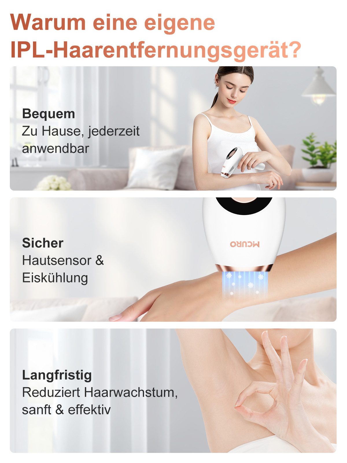 MCURO IPL-Haarentferner Schmerzfreie Haarentfernungsgerät, 990,000 Lichtimpulse, 9 Stufen,3 Erweiterte Funktionen HR/SC/RA, IPL geräte haarentfernung für Männer, Frauen, Achseln, Beine, Körper