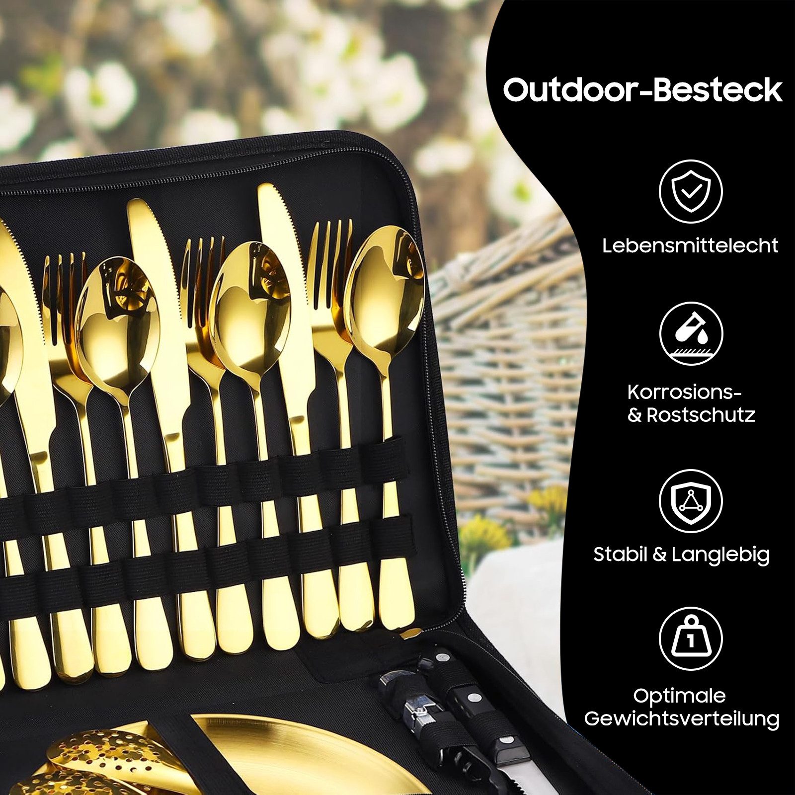 SURFOU Besteck-Set Camping Geschirr Set 4 Personen, 24 Stück Camping Besteck Set, 4 Personen, Besteck Camping mit Löffel Gabel Messer Teller Clip für Camping,Reisen