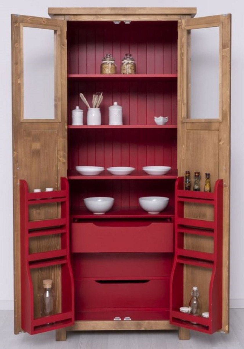 Casa Padrino Küchenbuffet Casa Padrino Landhausstil Esszimmerschrank Naturfarben / Rot 96 x 65 x H. 220 cm - Massivholz Küchenschrank mit 2 Türen - Esszimmer Möbel im Landhausstil - Landhausstil Esszimmer Einrichtung