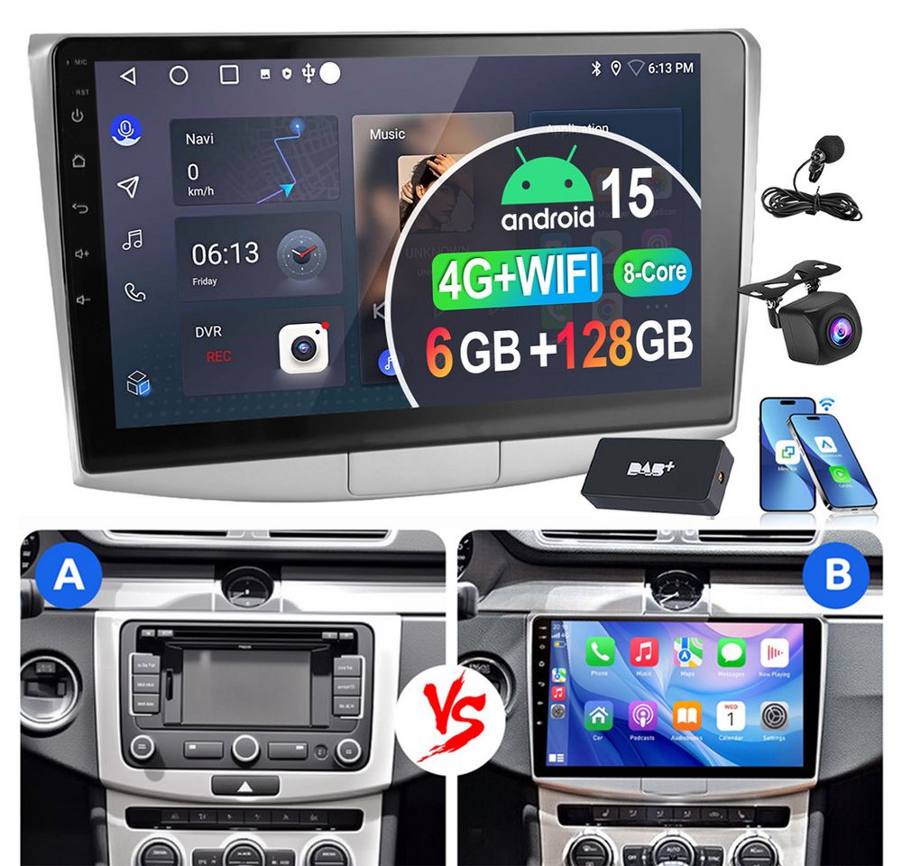 ESSGOO 8-Kern 6+128GB Für VW Passat B7 2010-2015 Autoradio Android 15 Autoradio (RDS, Digitalradio (DAB), FM, 6+128GB, AM, Apple Carplay Android Auto 4G LTE DSP SWC)