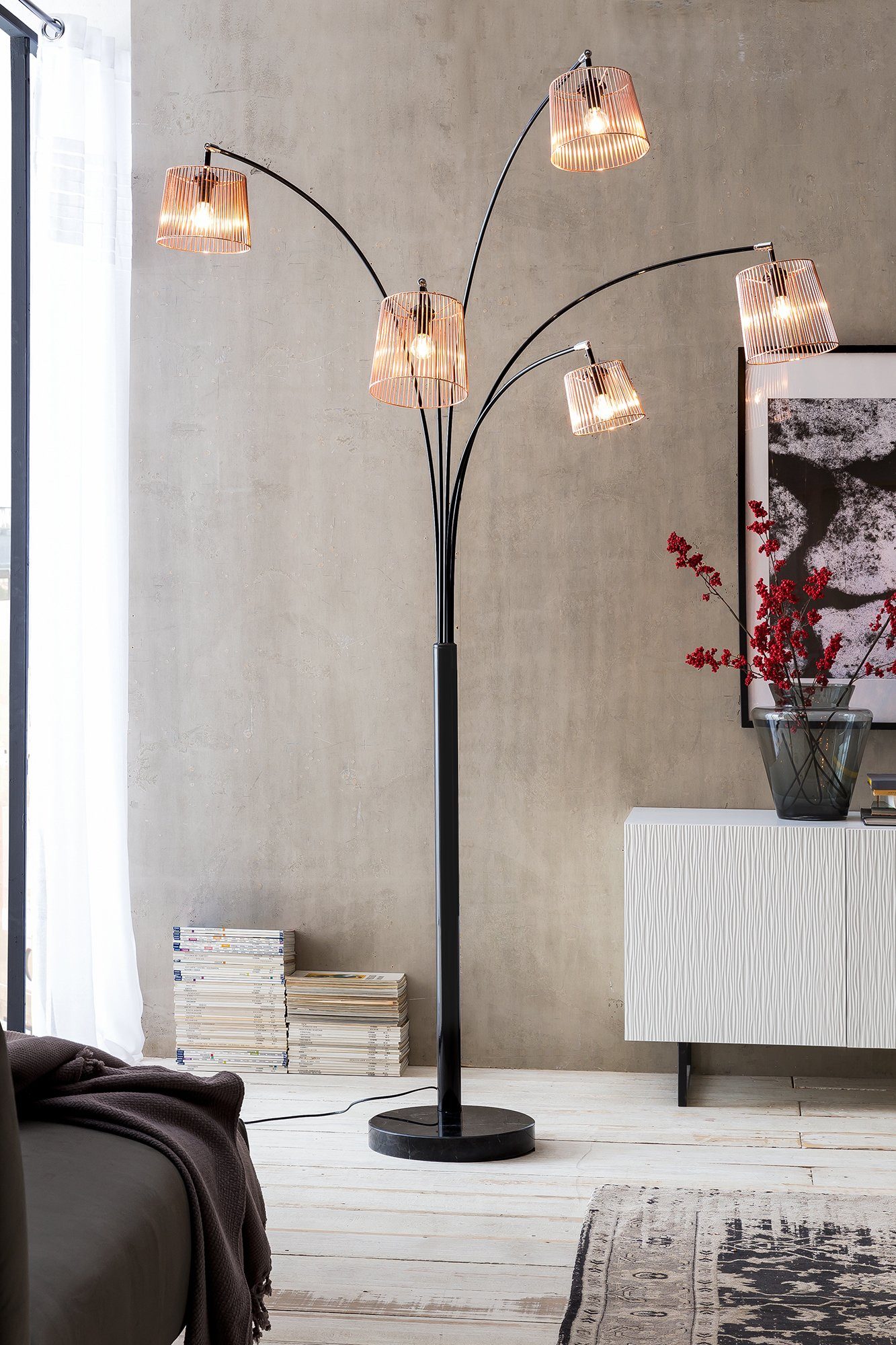 SalesFever Stehlampe Karlis, Dimmer, ohne Leuchtmittel, 5 bewegliche Arme, Dimmschalter, echter Marmorfuß