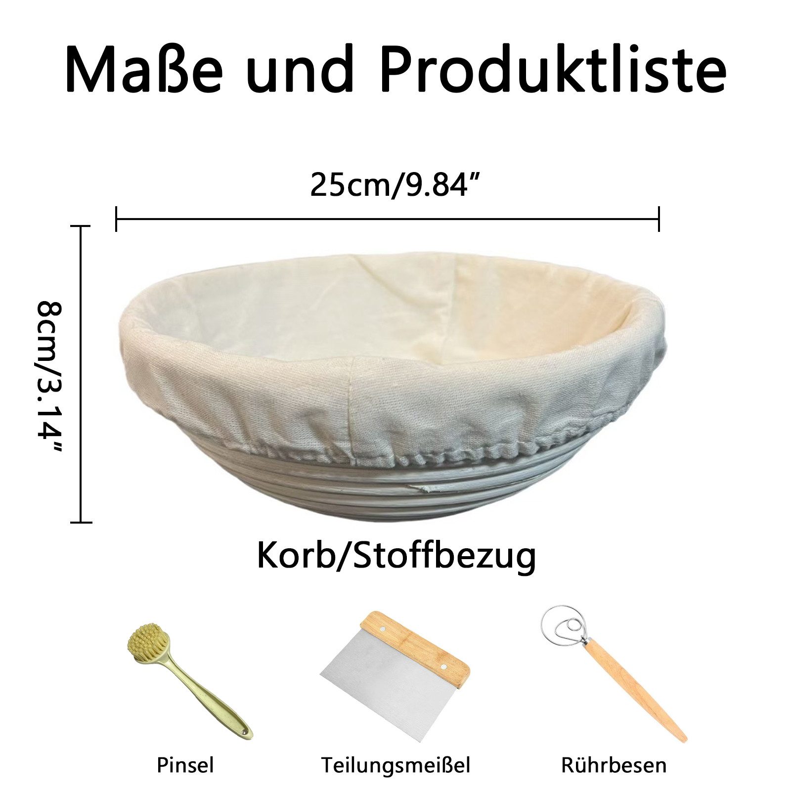 GLIESE Gärkorb 25cm Gärkorb zum Brotbacken mit Teigschaber, Gärkorb, Leinen-Einlage, Reinigungsbürste, Teigschaber, Gräte-Messer