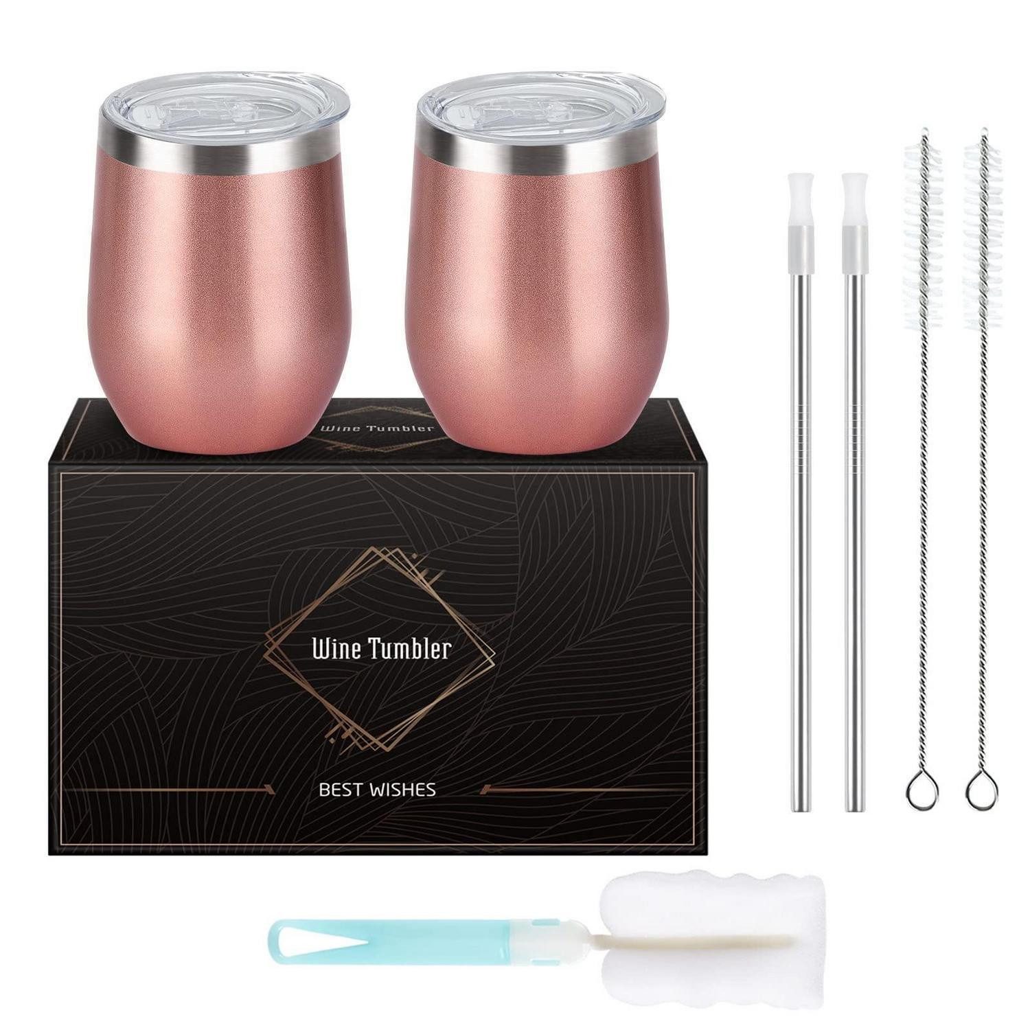 LuxusKollektion Weinglas Weinbecher Edelstahl doppelwandig 350ml Rosegold 2Stk, Metall
