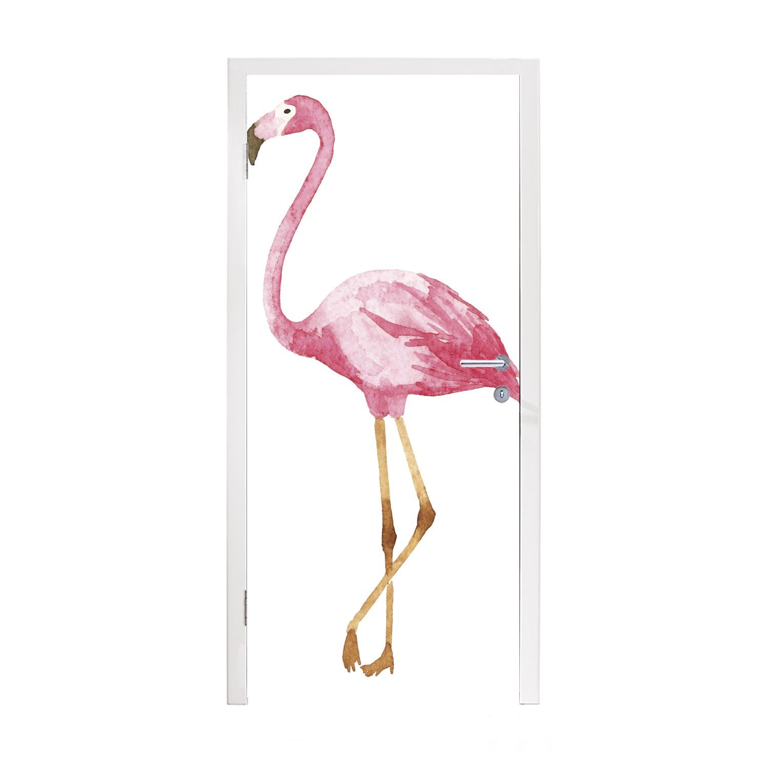 MuchoWow Türtapete Flamingo - Aquarell - Rosa, Matt, bedruckt, (1 St), Fototapete für Tür, Türaufkleber, 75x205 cm