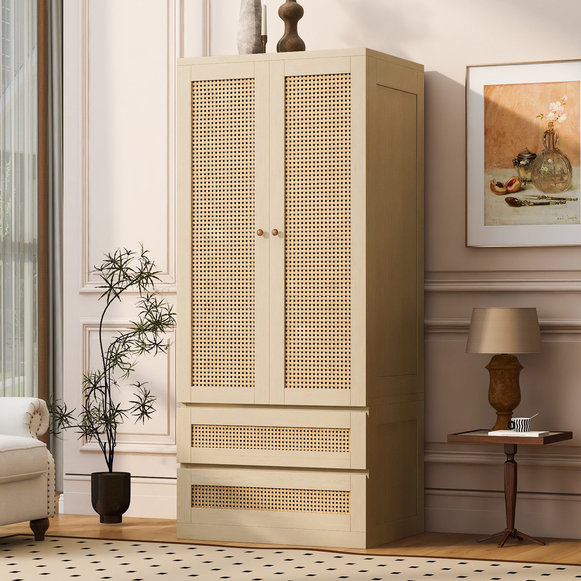 Flieks Kleiderschrank Doppeltüren-Design 70x55x170cm mit 2 Schubladen, Türen aus Kunstrattan