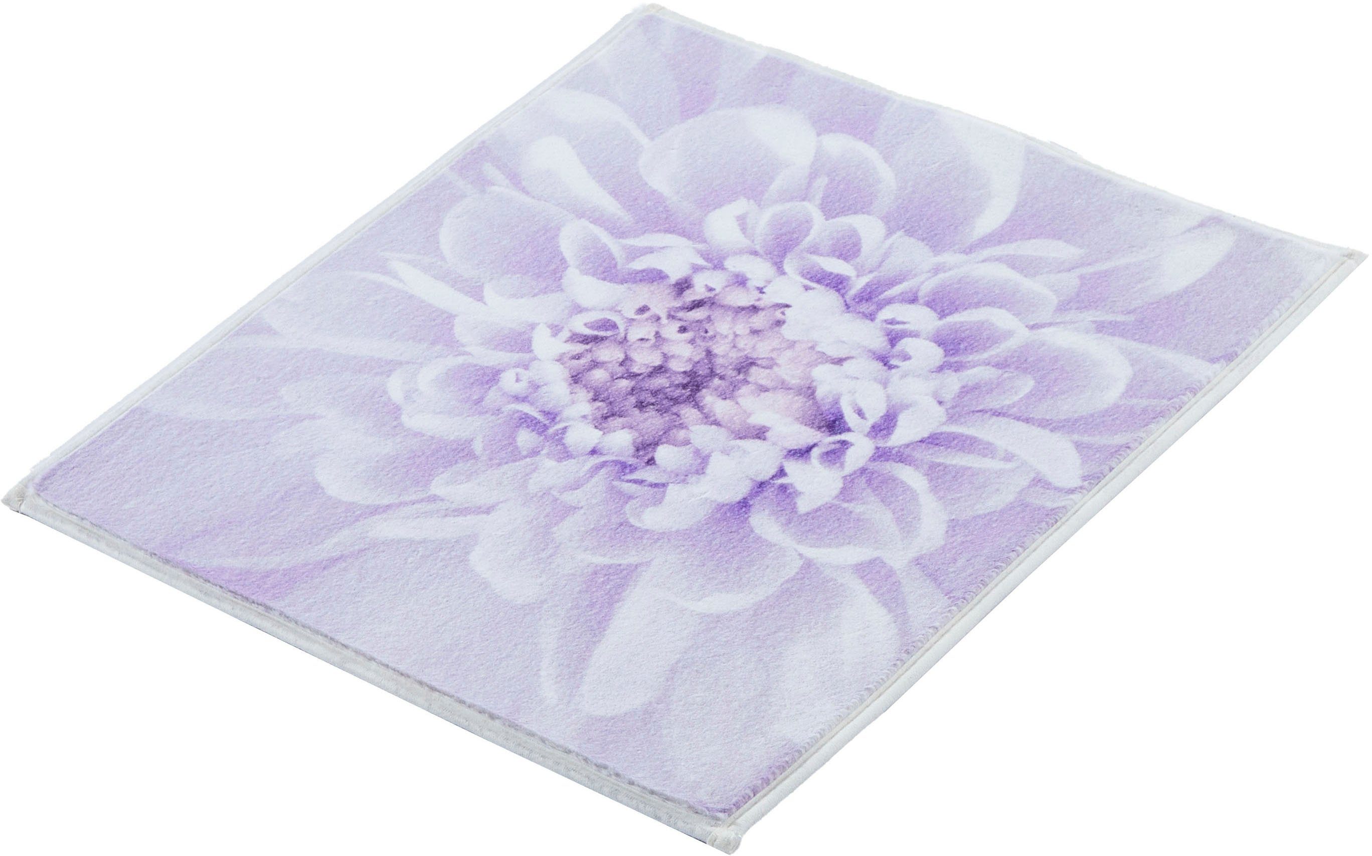 Badematte Dahlia Kleine Wolke, Höhe 5 mm, rutschhemmend beschichtet, fußbodenheizungsgeeignet, Polyester, rechteckig, Badteppich, bedruckt, Blütenmotiv, Pastell Farben