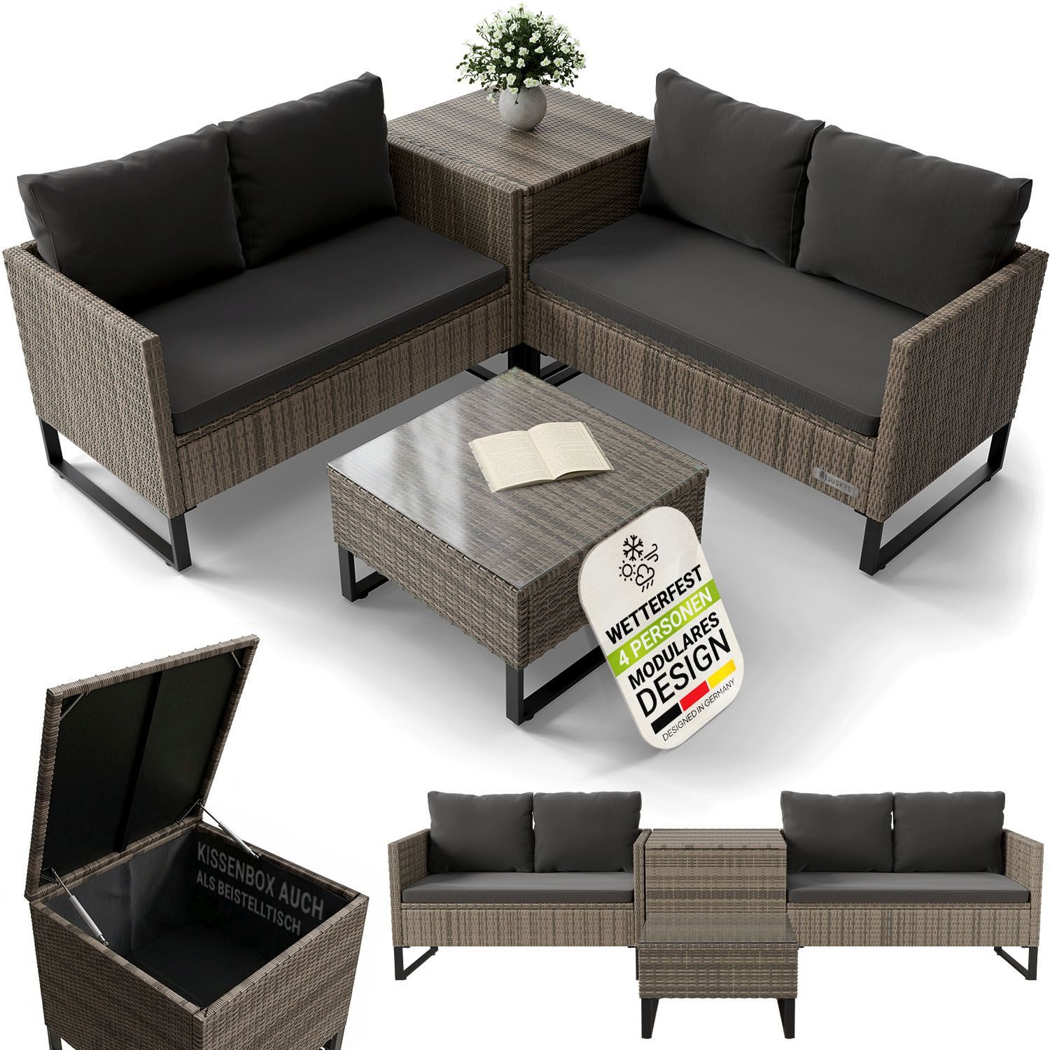 Juskys Gartenlounge-Set Santorini, (4-tlg), Polyrattan Sitzgruppe mit Beistelltisch & Auflagenbox, wetterfest