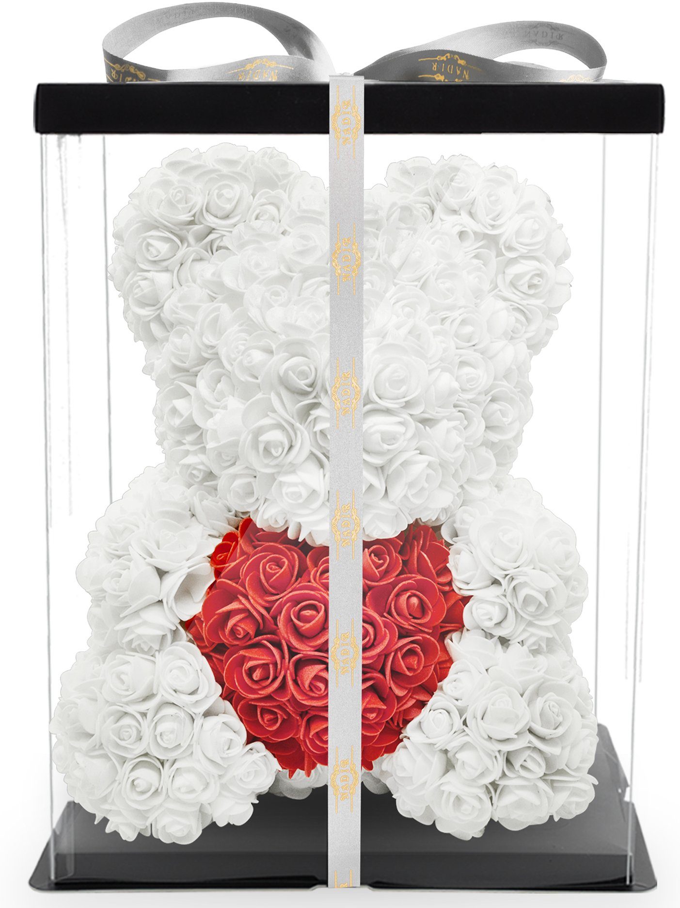 Kunstblume Rosenbär 40 cm inkl. Geschenkbox mit Herz - Geschenk für Freundin Jahrestag Geburtstag Hochzeit, NADIR, Größe: 40 cm, inklusive Geschenkbox