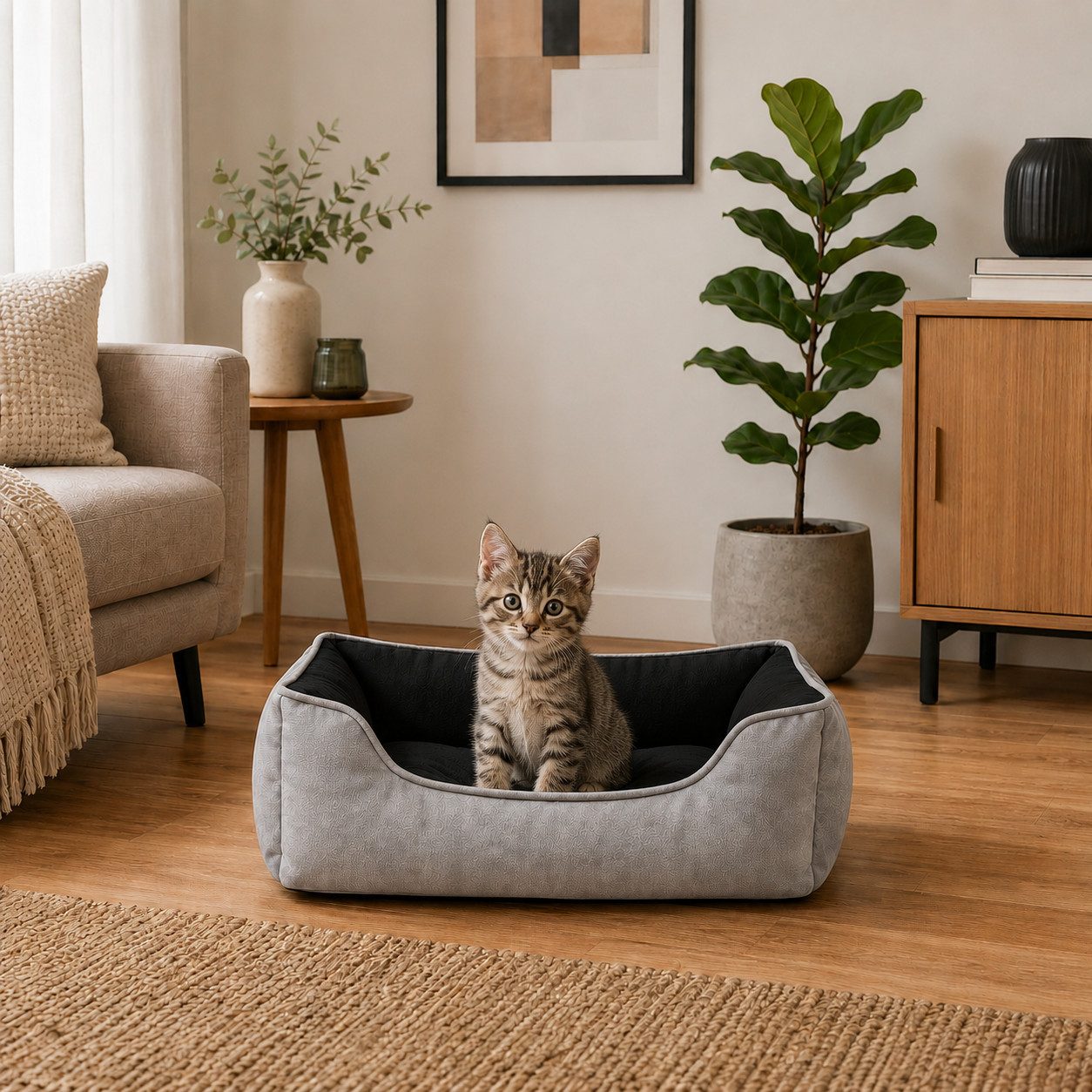 belviona Tierkissen für Katzen, Katzenbett Wildlederimitat, 110x80 cm, schwarz/grau, Wildlederimitat, Katzenkörbchen wendbar, mit 2-in-1 Funktion – Bild 2 von 5