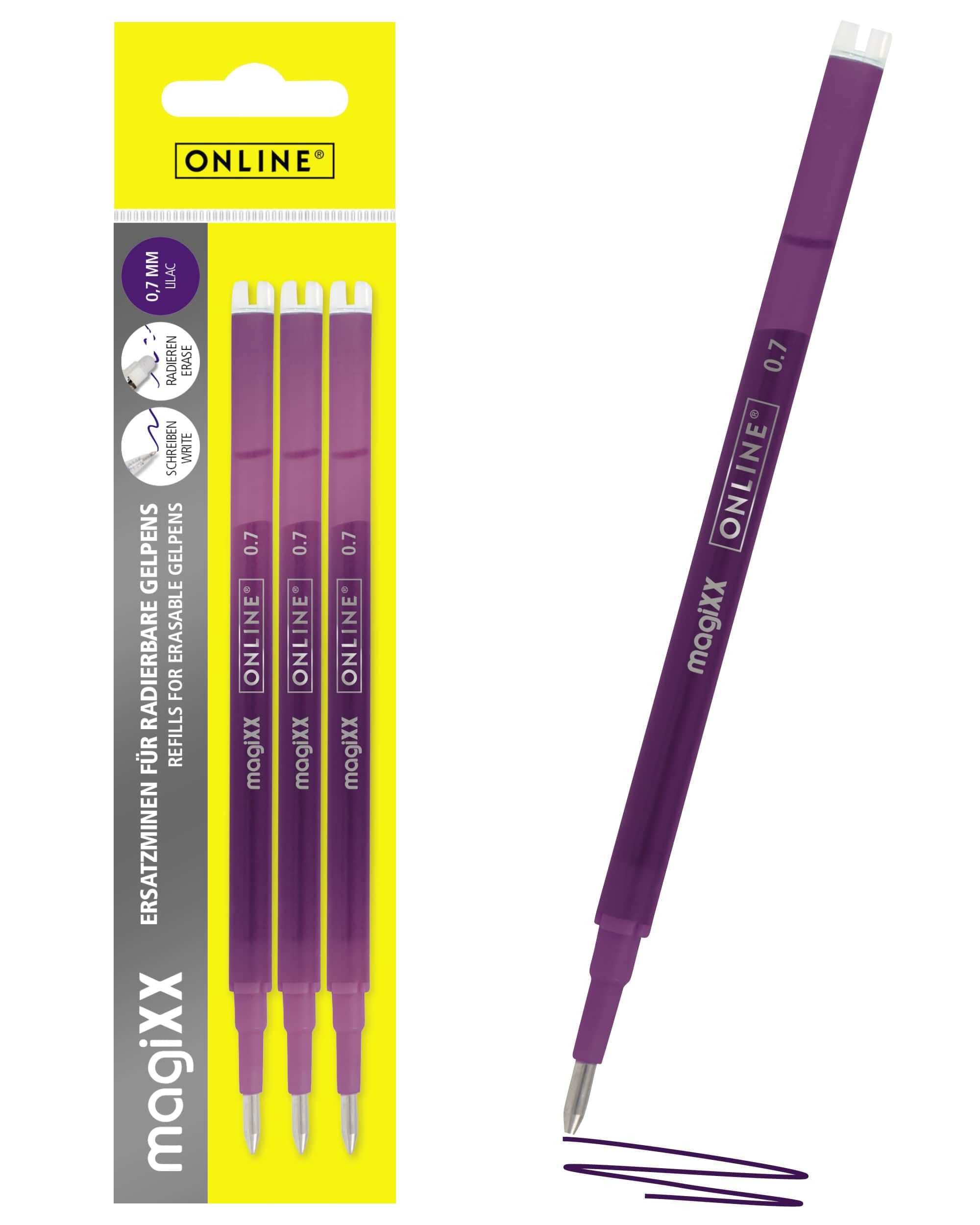 Online Pen Tintenroller magiXX Mine, (3x radierbare Ersatzminen lila für Gelschreiber), Nachfüll-Minen kompatibel mit Pilot Frixion, magiXX Gelstift