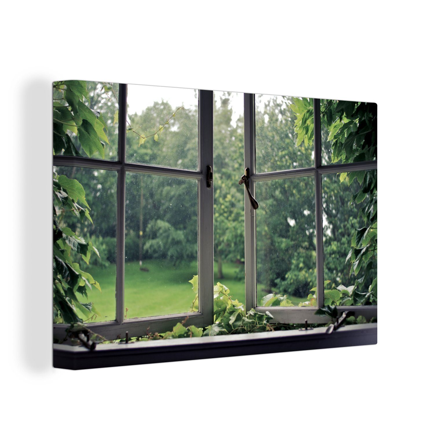 OneMillionCanvasses® Leinwandbild Überwuchertes altes Fenster, Fotodruck (1 St), Leinwand Bilder Klein, Wand Dekoration Aesthetic 30x20 cm