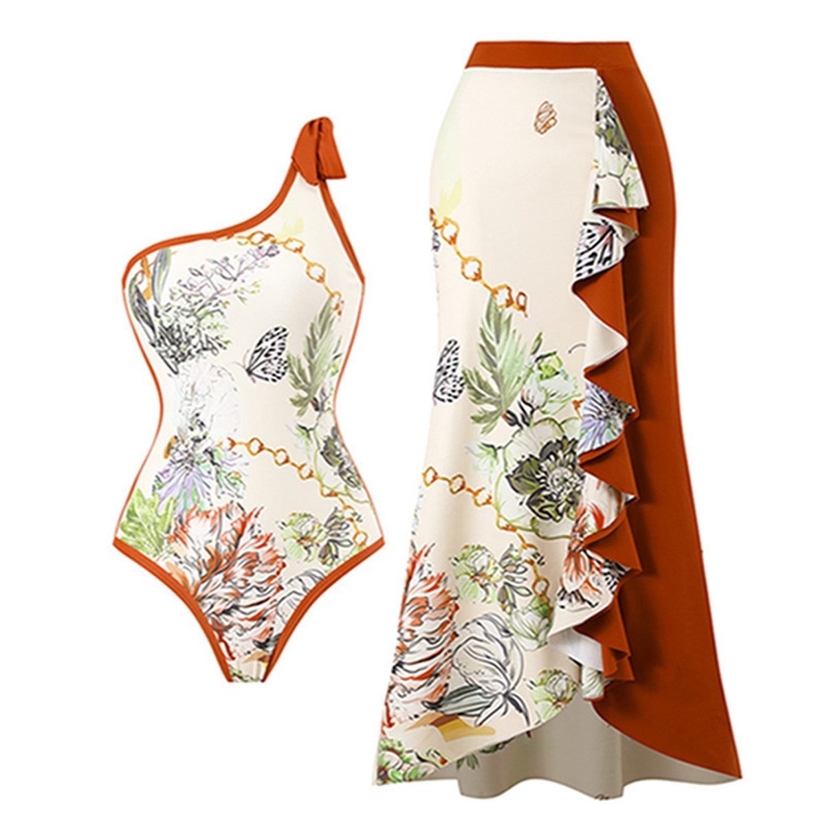 RUZU UG Schwimmanzug Damen Bademode bedruckter Strand Sonnenrock Badeanzug Badekleid Bikini