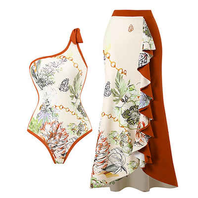 RUZU UG Schwimmanzug Damen Bademode bedruckter Strand Sonnenrock Badeanzug Badekleid Bikini
