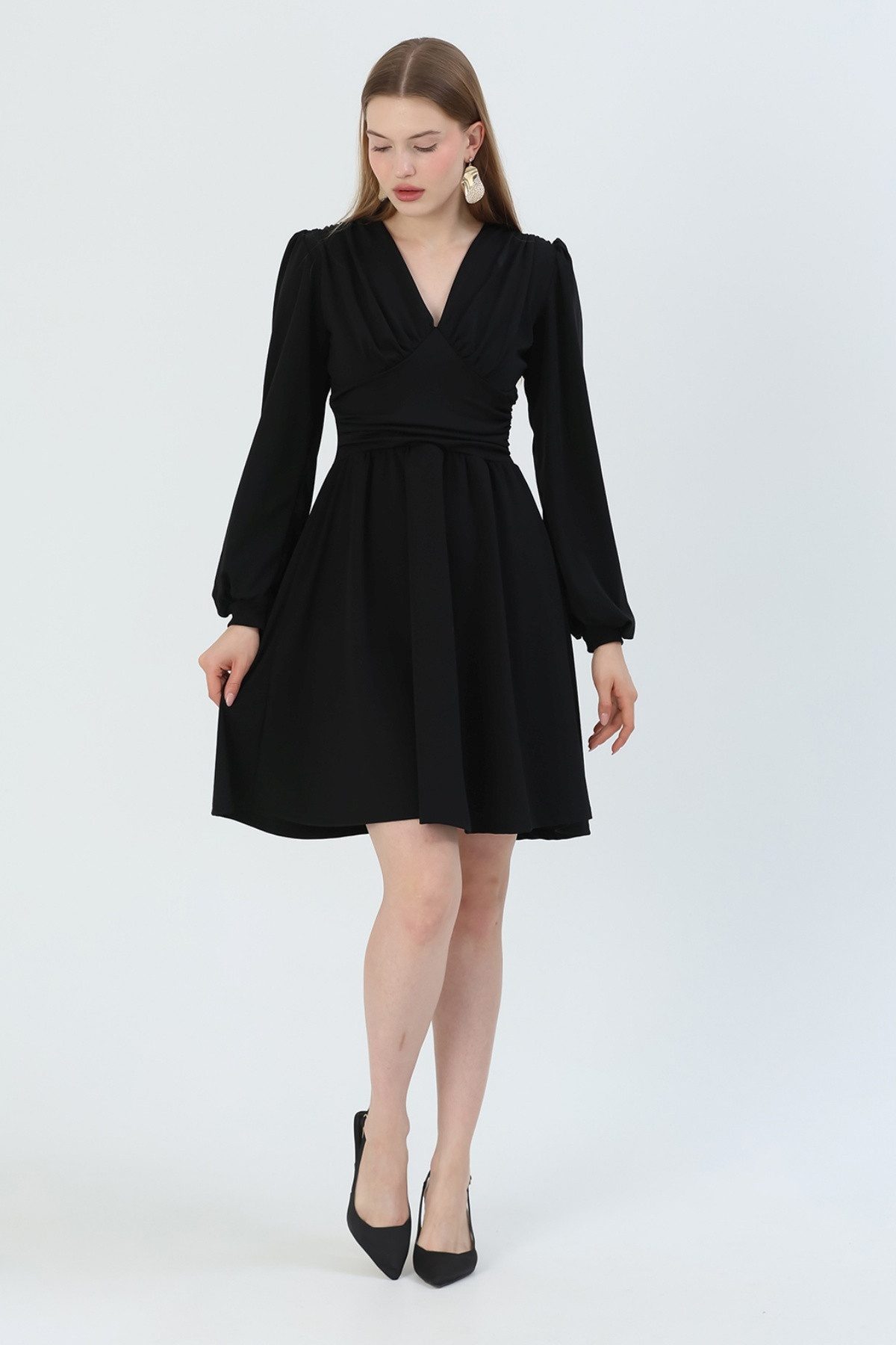 WOMAN VISION Minikleid V-Ausschnitt, langärmeliges ausgestelltes Kleid