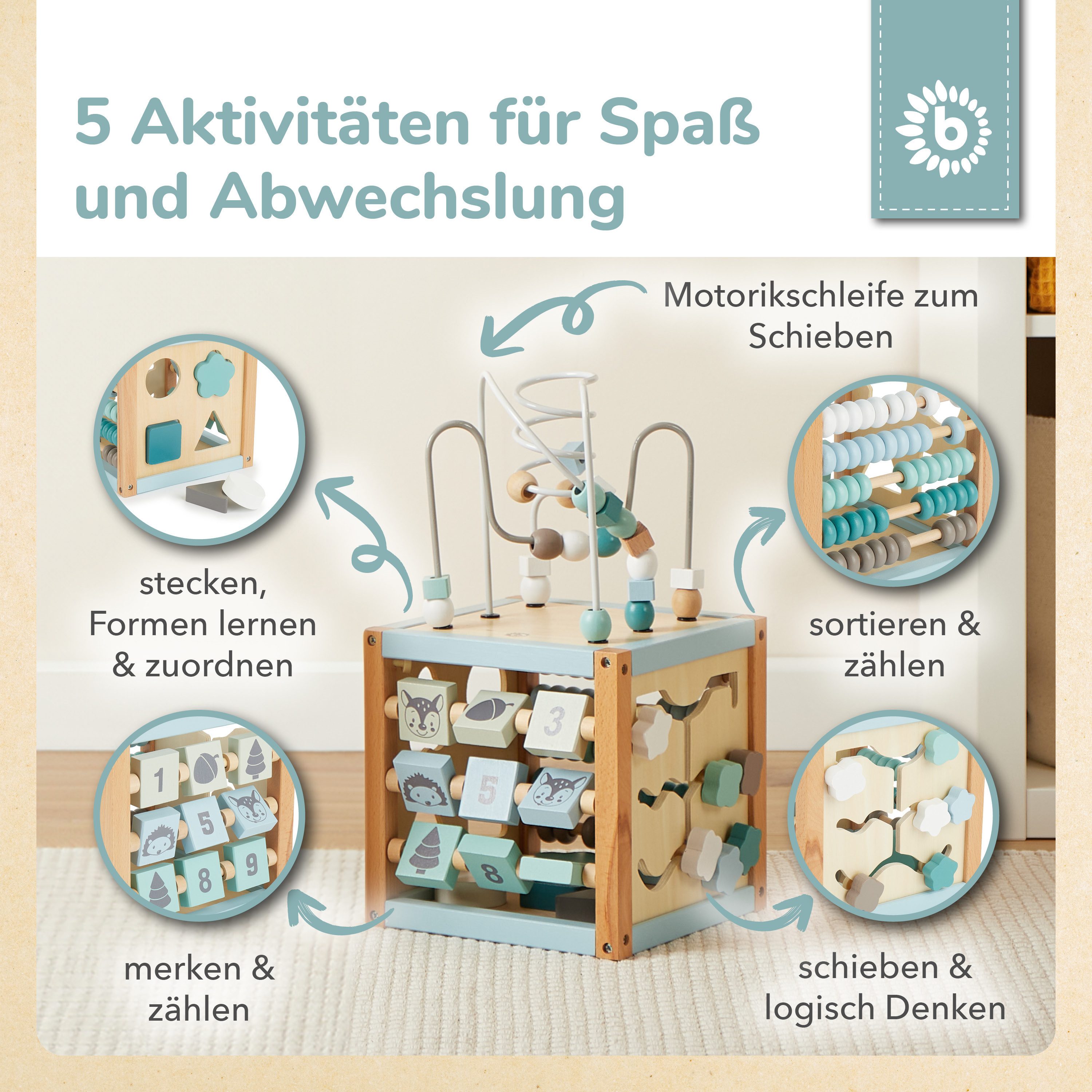 BIECO Motorikschleife Motorikwürfel Motorikschleife Lernspielzeug Holz Würfel Motorik Baby