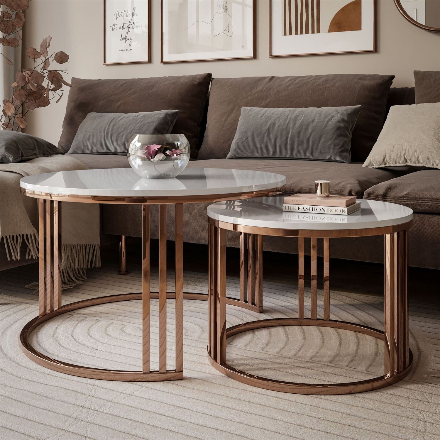 Lookway Couchtisch LORI 2in1 Couchtisch-Set in Hochglanz mit Kupfergestell (2er Set), Durchmesser: ⌀70 cm und ⌀50 cm