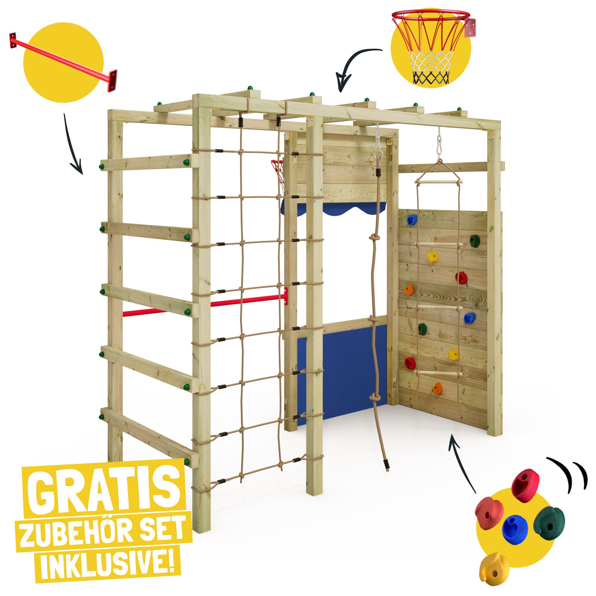 Wickey Klettergerüst Smart Action mit Kletterwand & Hangelbrücke, (Komplettes Outdoor-Klettergerüst mit Kletternetz & Reckstange – fördert Bewegung & Geschicklichkeit!, Holzspielplatz mit vielen Extras – ideal für kreative & aktive Kinder), langlebig & wetterfest mit 10 Jahren Garantie*