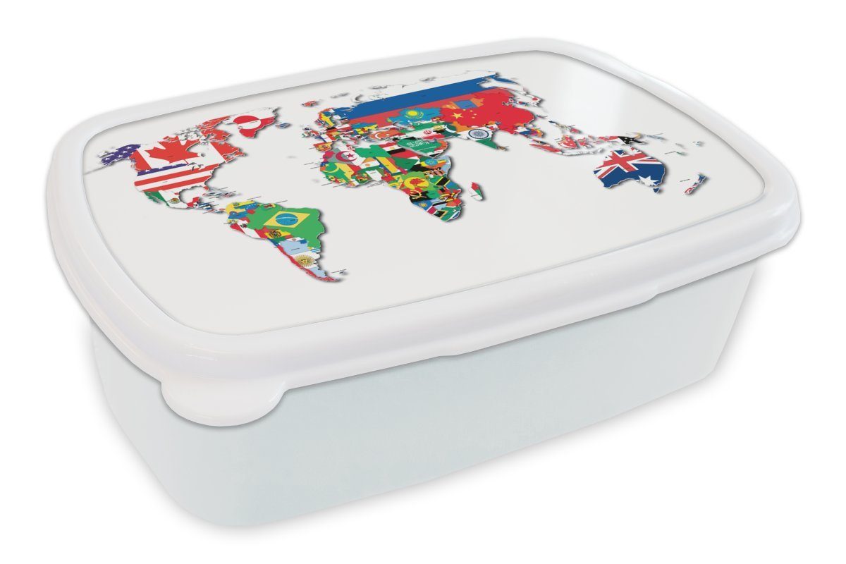 MuchoWow Lunchbox Weltkarte - Flaggen - Trendy, Kunststoff, (2-tlg), Brotbox für Kinder und Erwachsene, Brotdose, für Jungs und Mädchen weiß