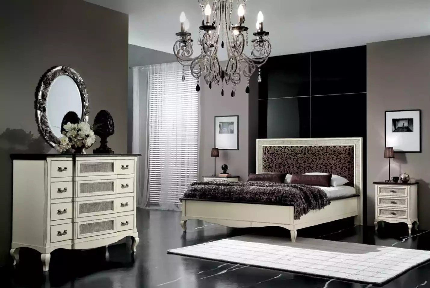 JVmoebel Schlafzimmer-Set Weißes Bett mit Nachttischen und Holzkommode im italienischen Stil, (5-tlg., Bett + 2x Nachttische + Kommode + Spiegel), Made in Europa