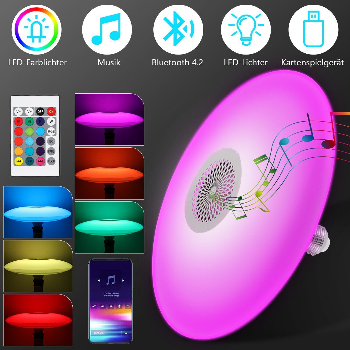 LETGOSPT Deckenleuchte 48W fest LED RGB, Bluetooth mit RGB Dimmbar E27 Deckenlampe Glühbirne, Dimmbar LED Fernbedienung integriert, Leuchtmittel, mit Lautsprecher, Farbige