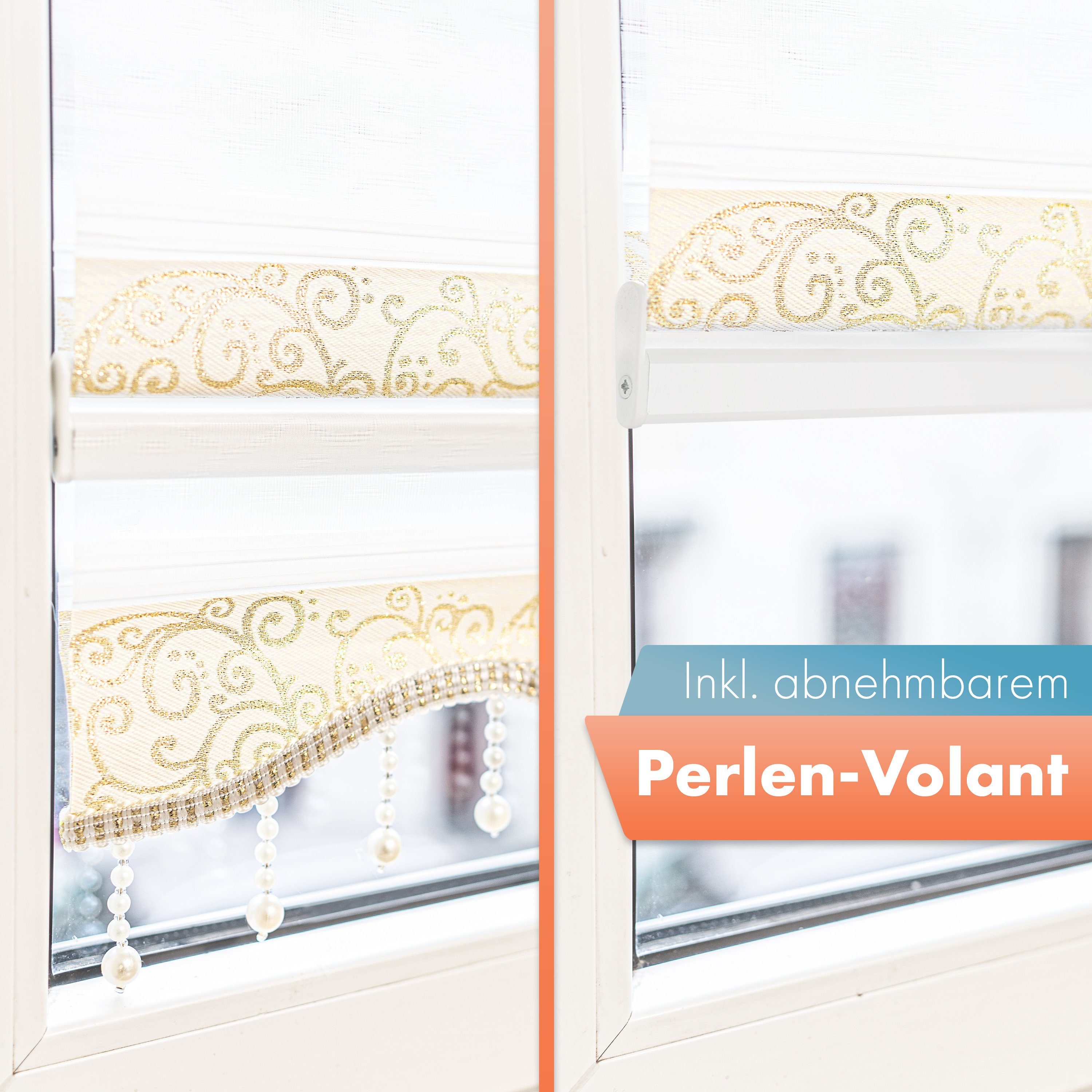 Doppelrollo ohne Bohren, Doppelrollo für Fenster mit Muster, Bailena, Lichtschutz, ohne Bohren, freihängend, Klemmfix, Duo Rollos mit Perlen, glitzernd, Ranken Blumen Motiv