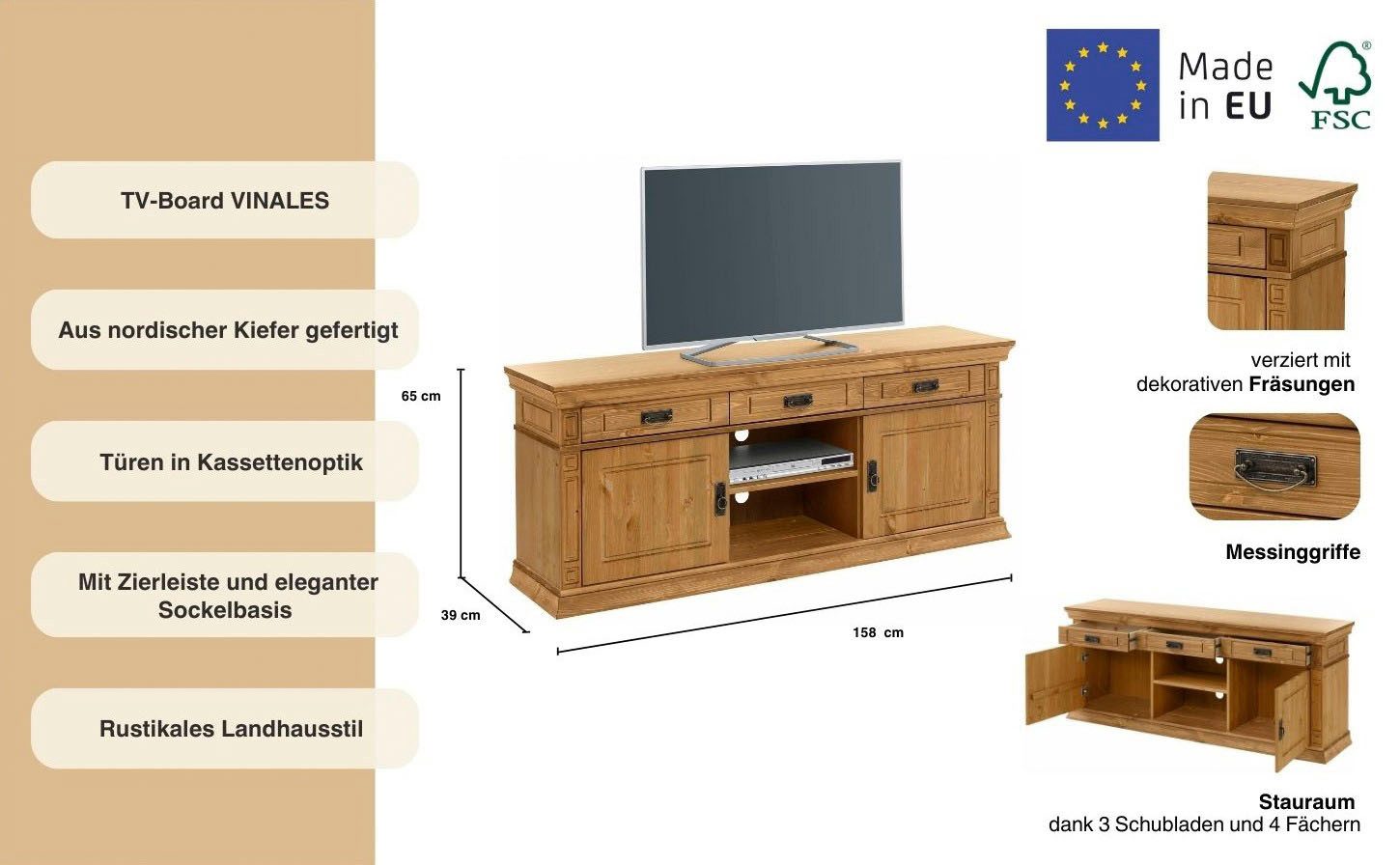 OTTO home TV-Board Vinales, Sideboard, Lowbord, Kommode, Breite 158 cm, mit 3 Schubladen, FSC®