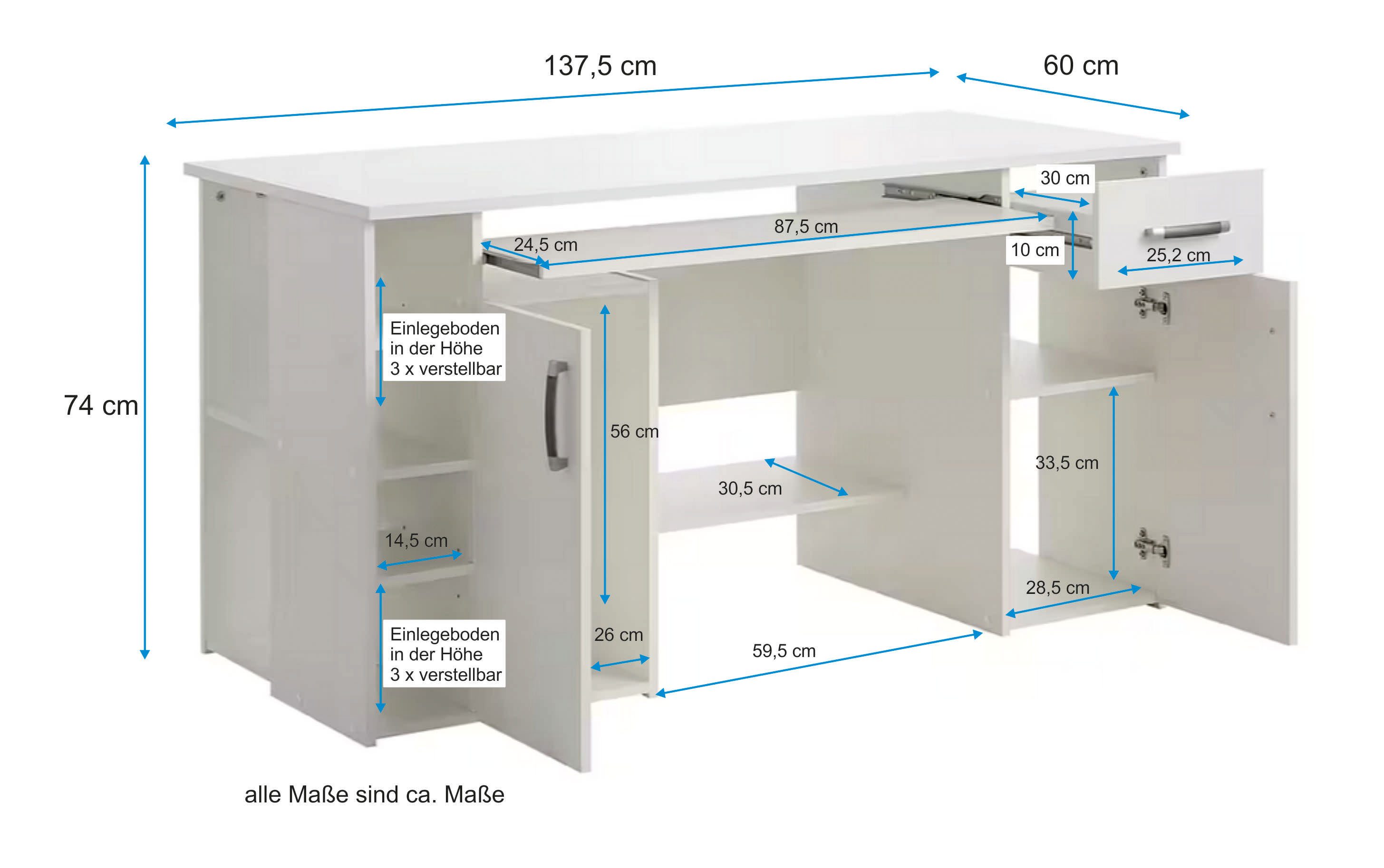 VOGL Möbelfabrik Schreibtisch Tim mit seitlich offenen Fächern & Tastaturauszug, Druckerablage, 1 Schublade, Breite 138 cm, Made in Germany