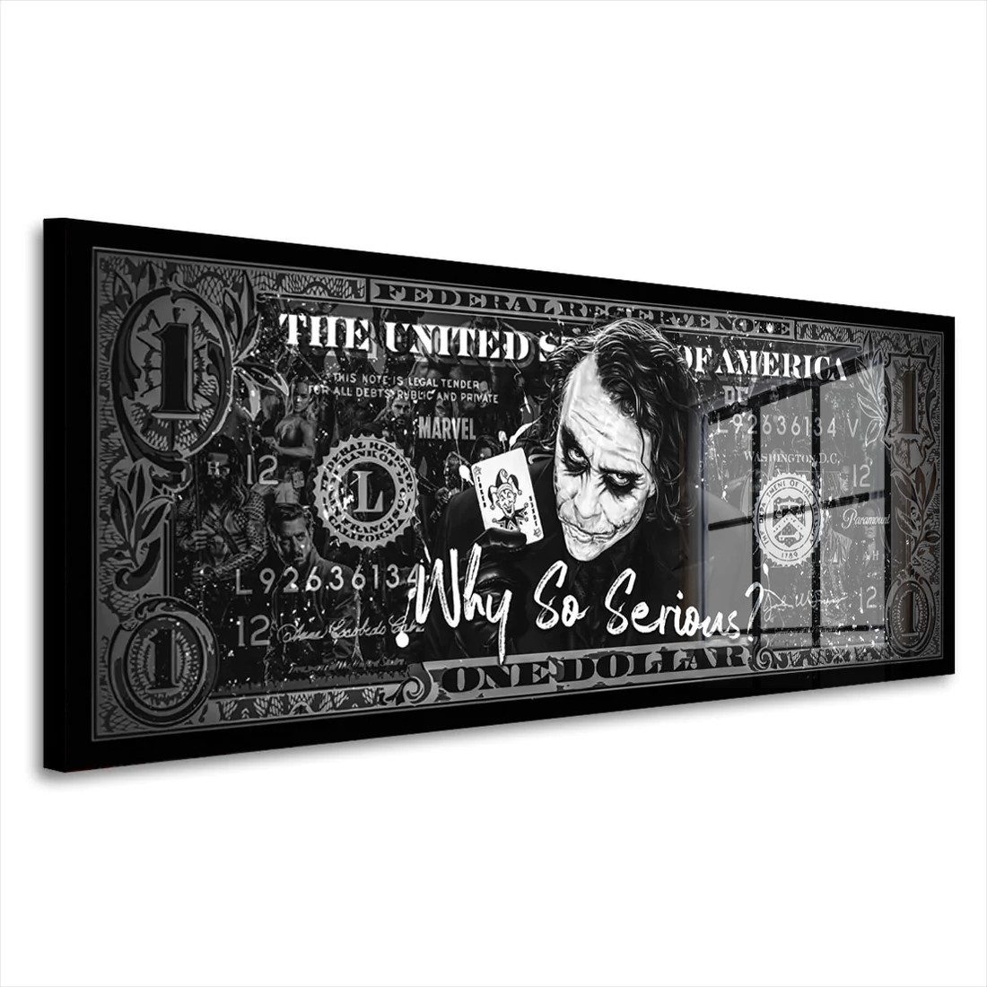 Artedinoi Acrylglasbild Joker One Dollar Acrylglasbild Wandbild Collage Spielkarte Schwarz XXL, Comic-Bösewicht mit Spielkarte auf Ein-Dollar-Schein