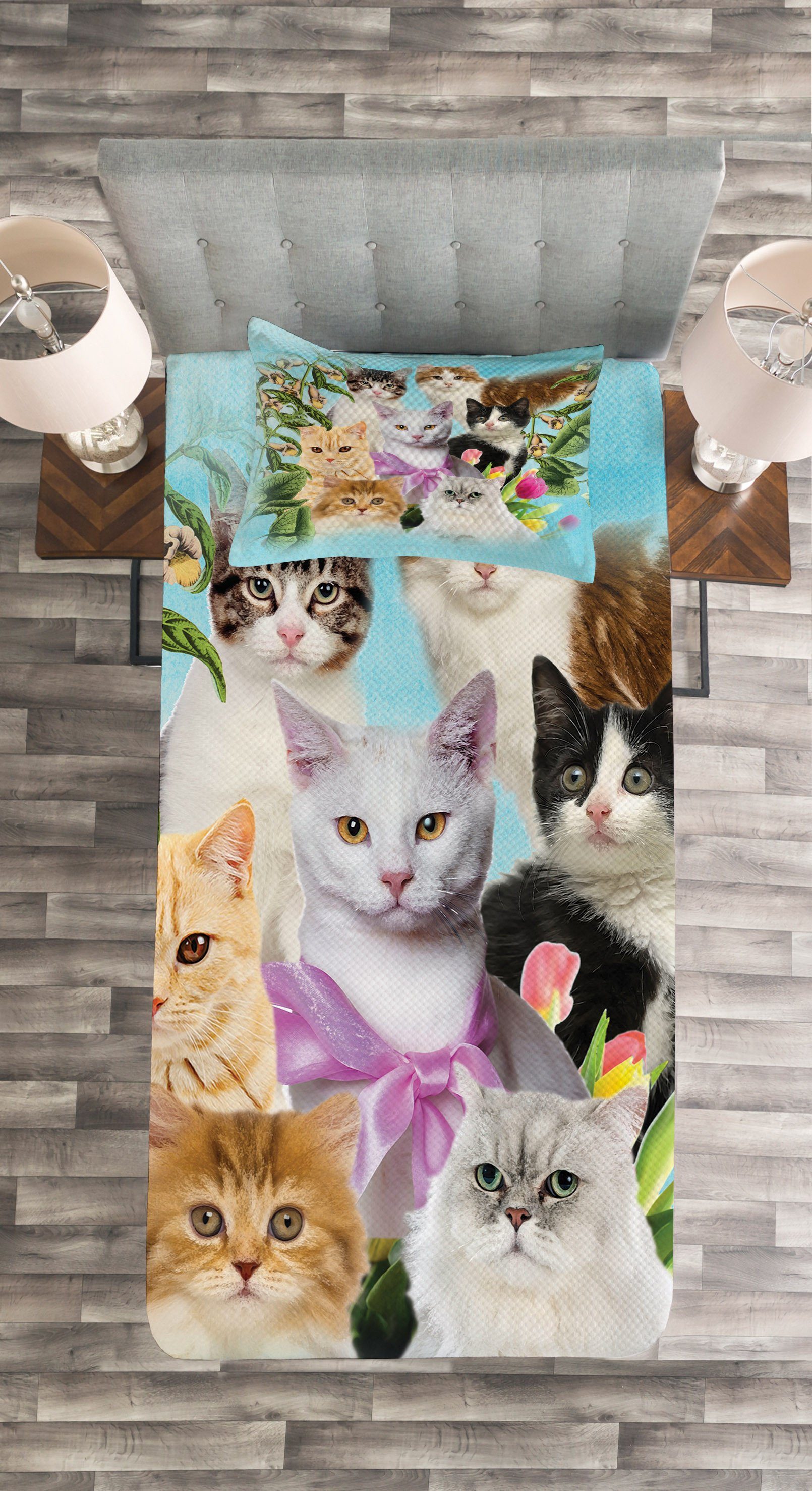 Katzen Abakuhaus, mit Waschbar, Set Katzenliebhaber Haus Katzenartige Tagesdecke Kissenbezügen