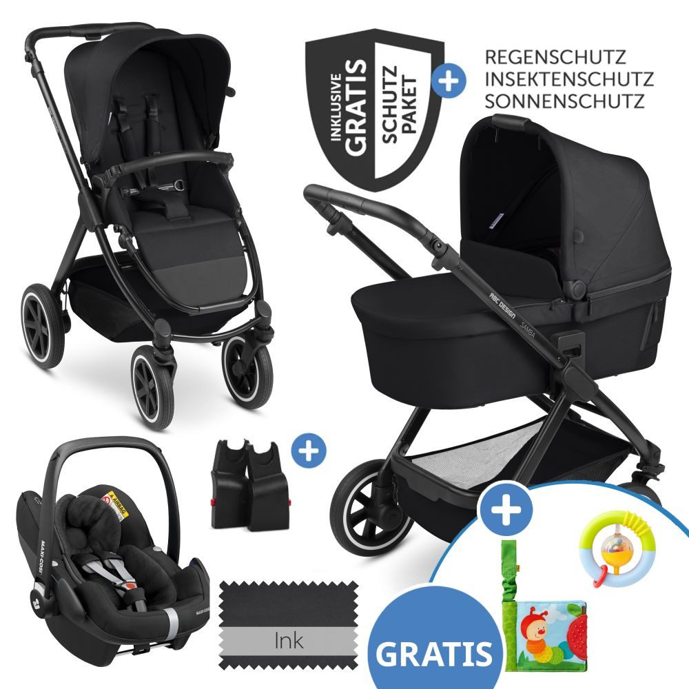 ABC DESIGN Kombi-Kinderwagen Samba - 3in1 - Ink Kinderwagen Buggy Set mit Babywanne, Maxi Cosi Pebble Pro & Zubehör mehr