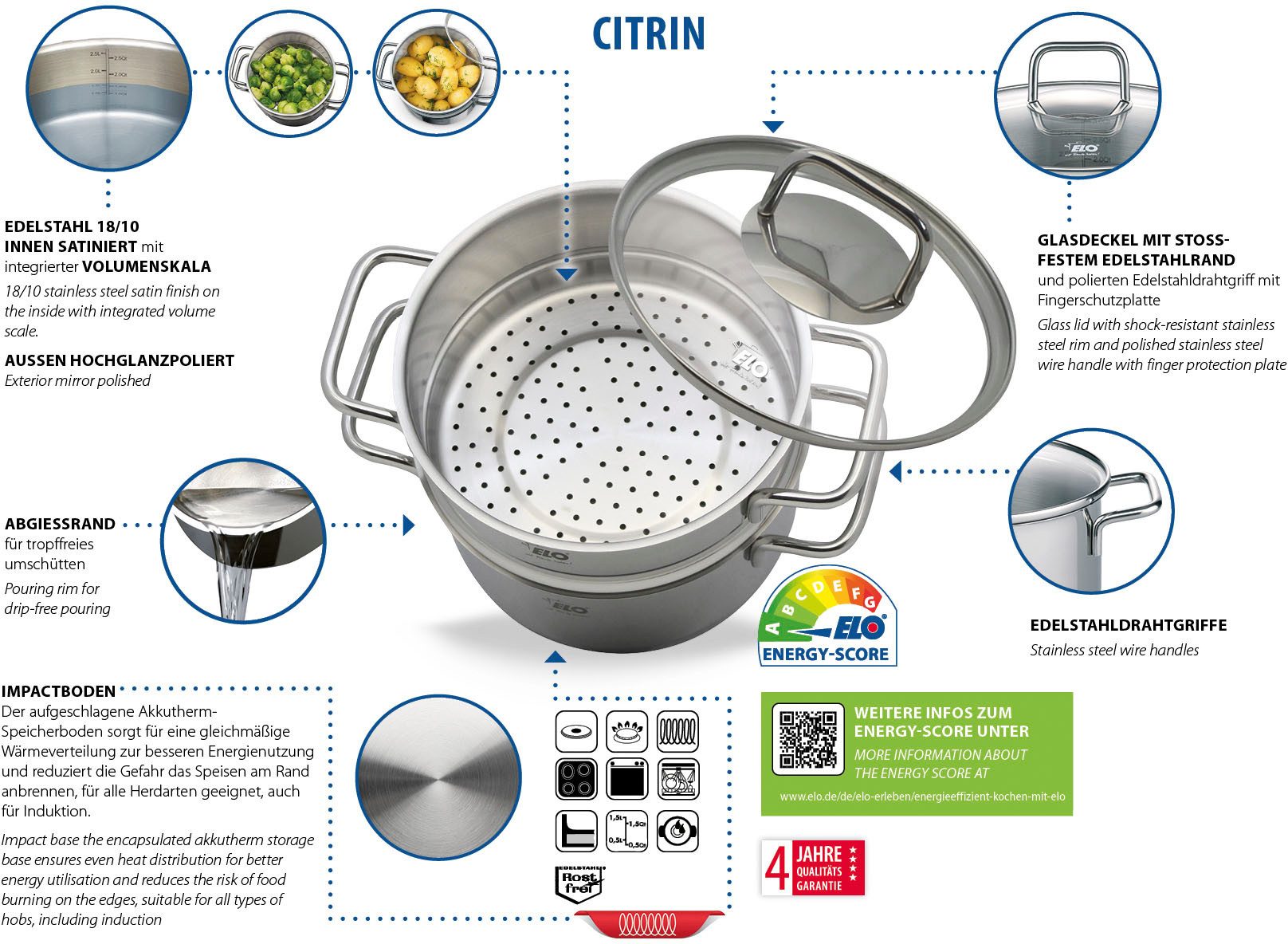 Elo Dampfgartopf, Edelstahl 18/8 (1-tlg), Dampfkochtopf, Ø 18 cm, Induktion