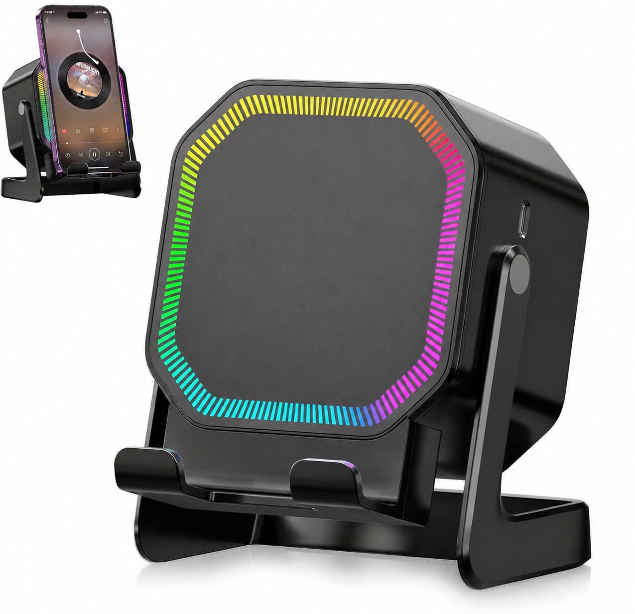 ibettertec 4-in-1 Bluetooth Lautsprecher mit Induktions-Audio & Handyhalter Bluetooth-Lautsprecher Kabelloser Bluetooth-Musikgenuss (innovative Induktionswiedergabe mit RGB-Licht, Handyhalterung, 8 Std. Spielzeit und schneller 2 Std. Ladung)